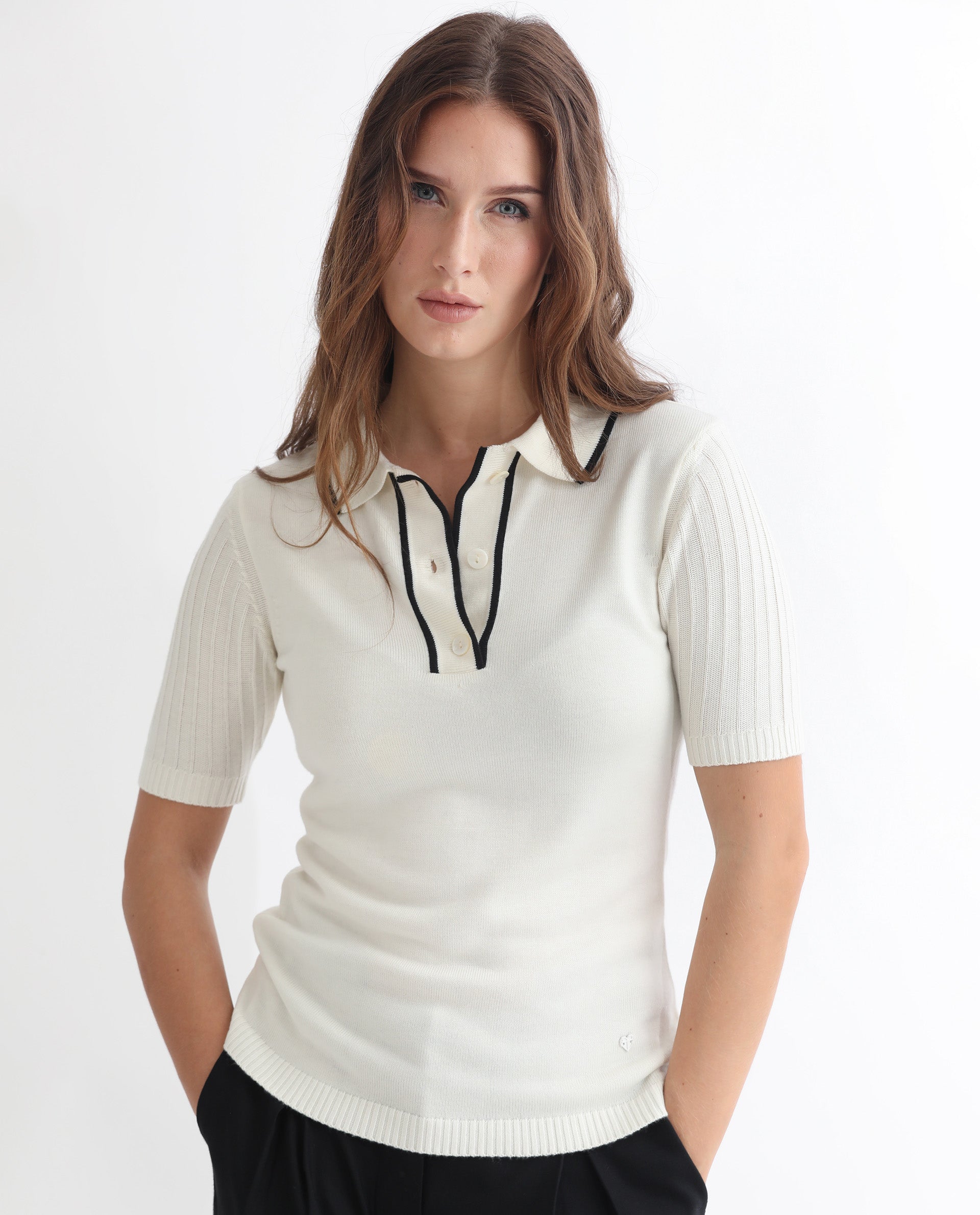 Rareism Women Knitup Off White Half Sleeves Regular Fit Solid Shirt Collar Sweater