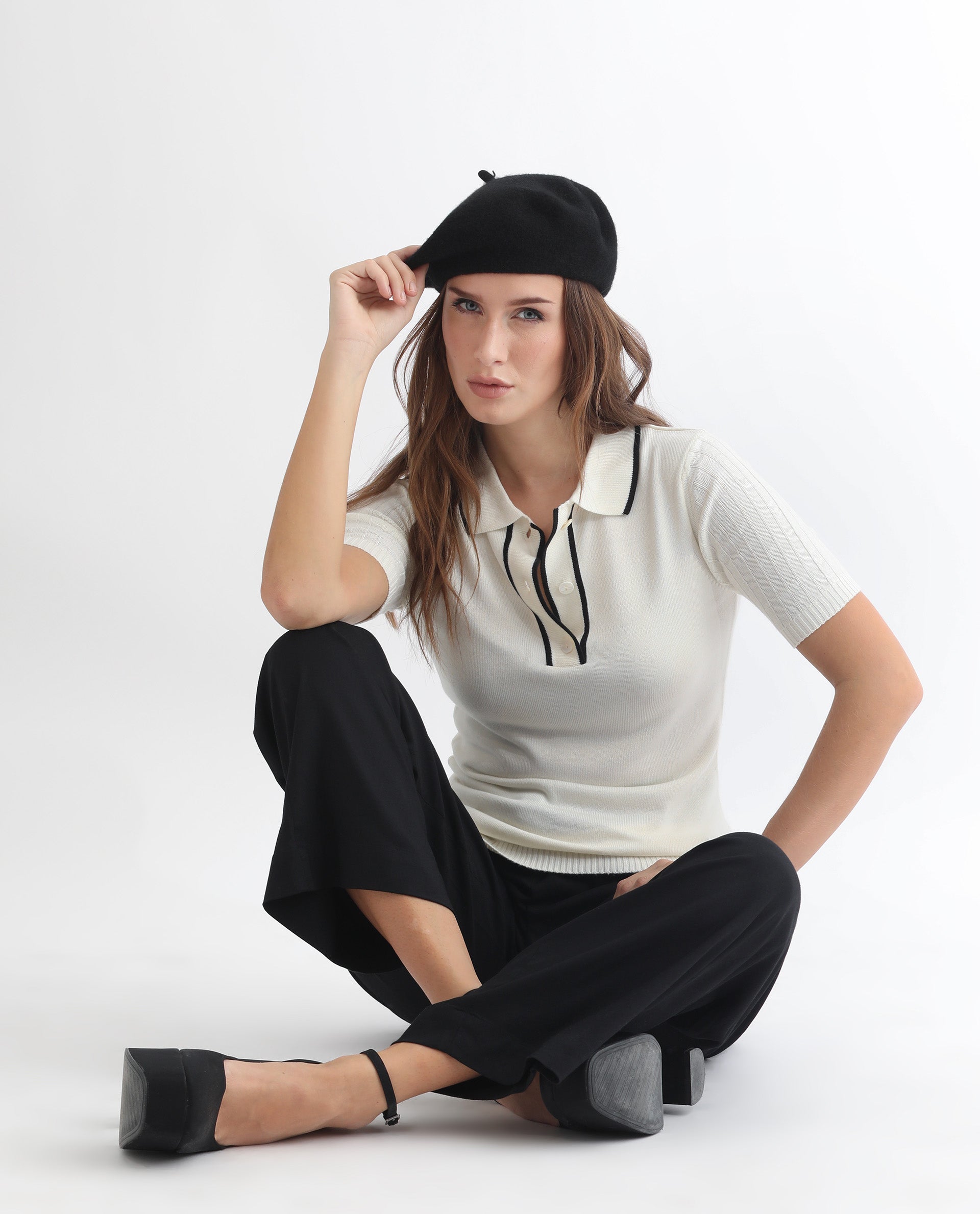 Rareism Women Knitup Off White Half Sleeves Regular Fit Solid Shirt Collar Sweater