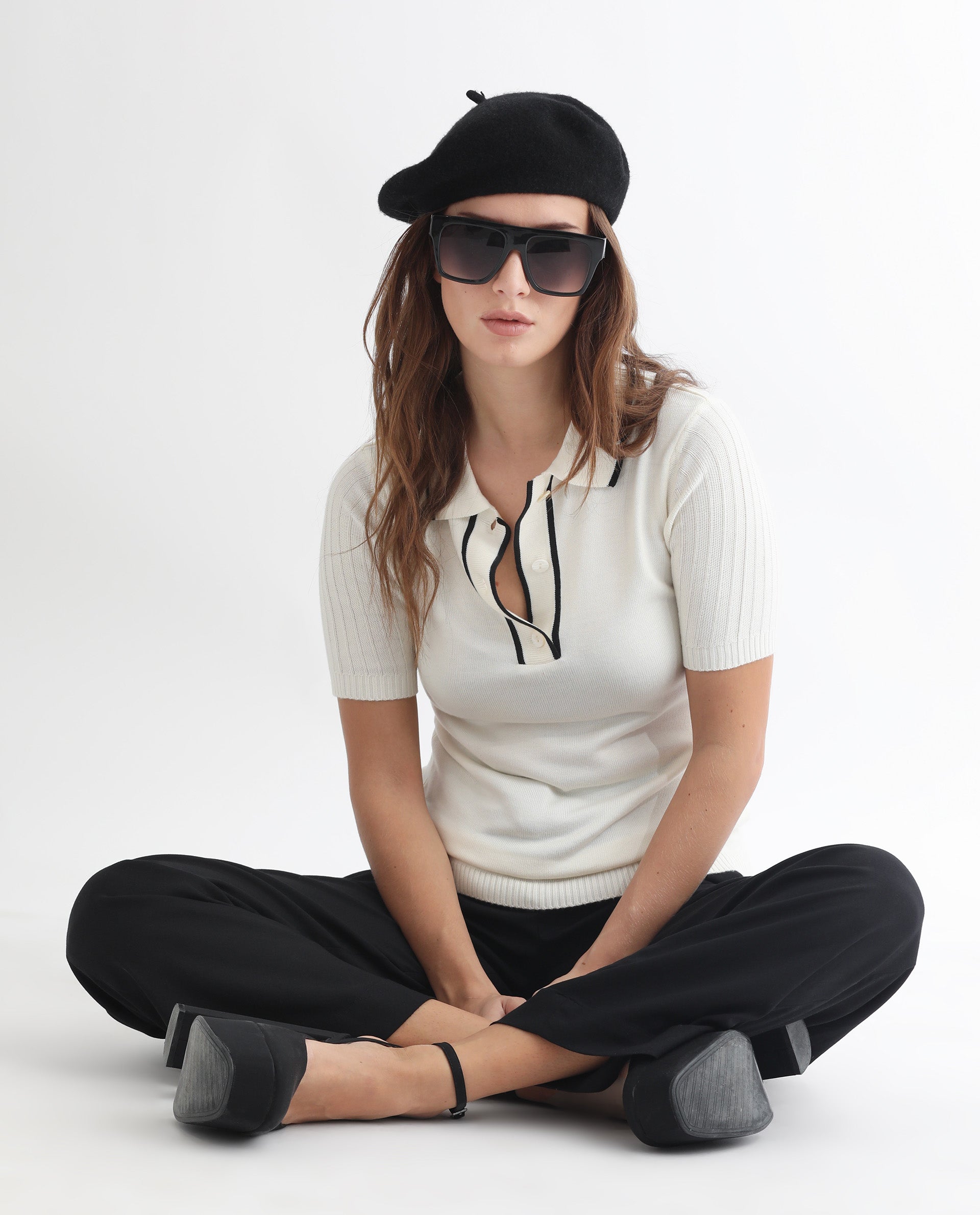 Rareism Women Knitup Off White Half Sleeves Regular Fit Solid Shirt Collar Sweater