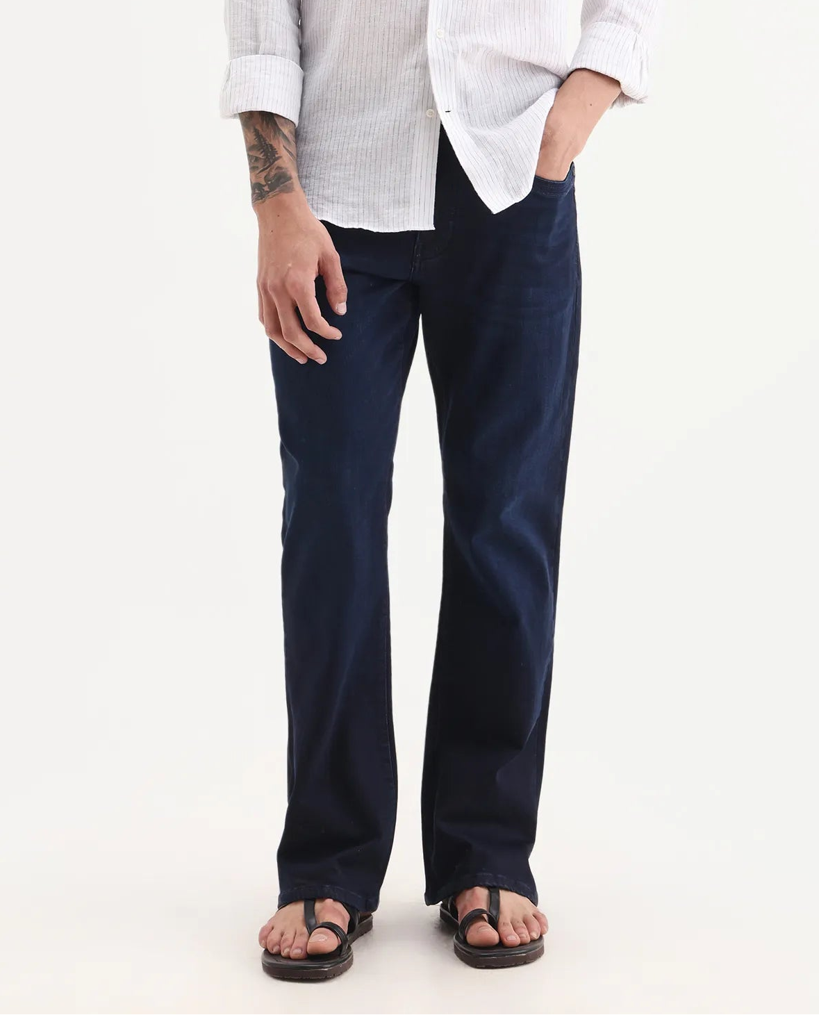 Rare Rabbit Men's Knoxo-Bl Dark Blue Cotton Blend Fabric Button Closure Bootcut Plain Jeans