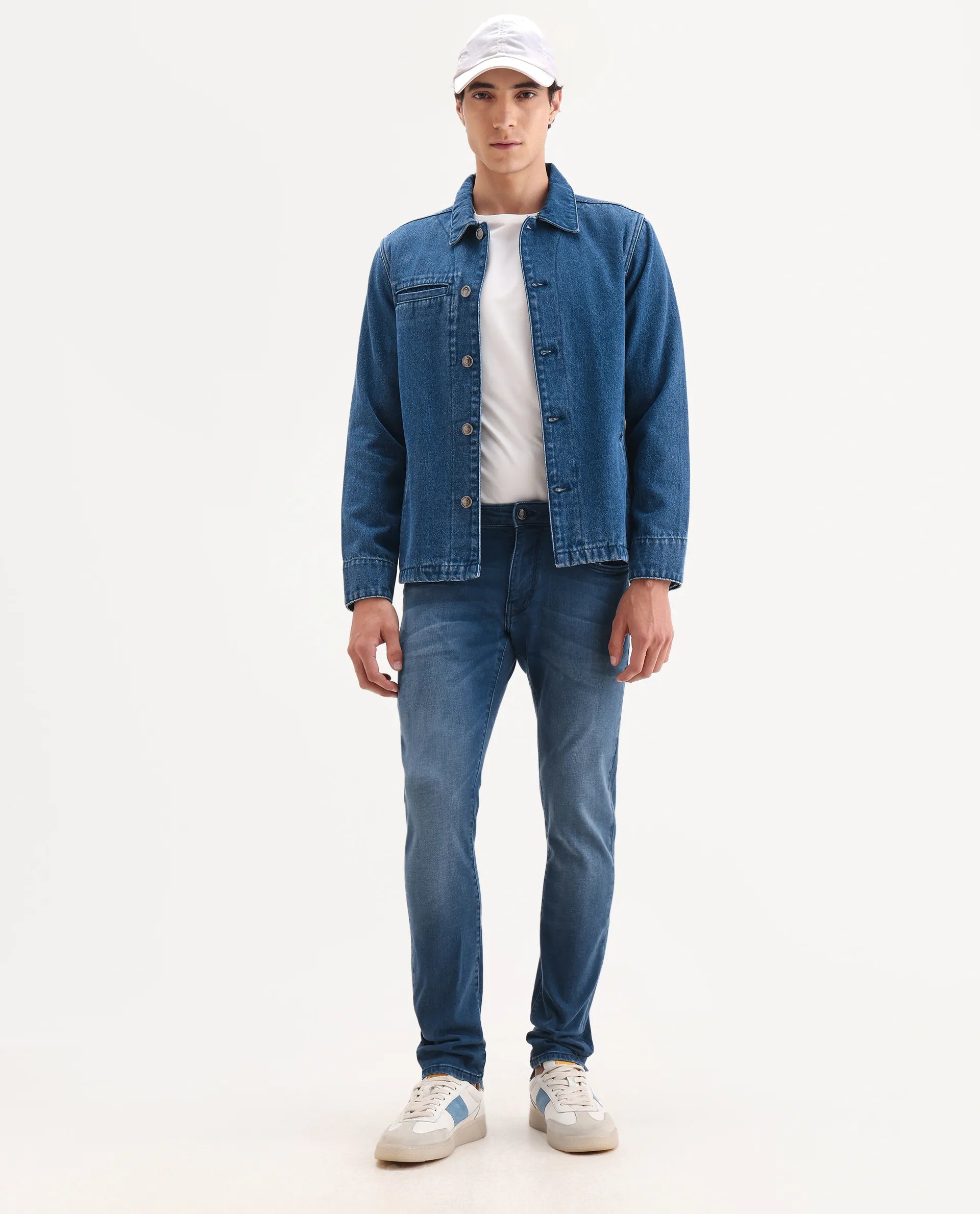 Rare Rabbit Men's Knoxo Blue Cotton Blend Fabric Hawk Slim Fit Plain Jeans