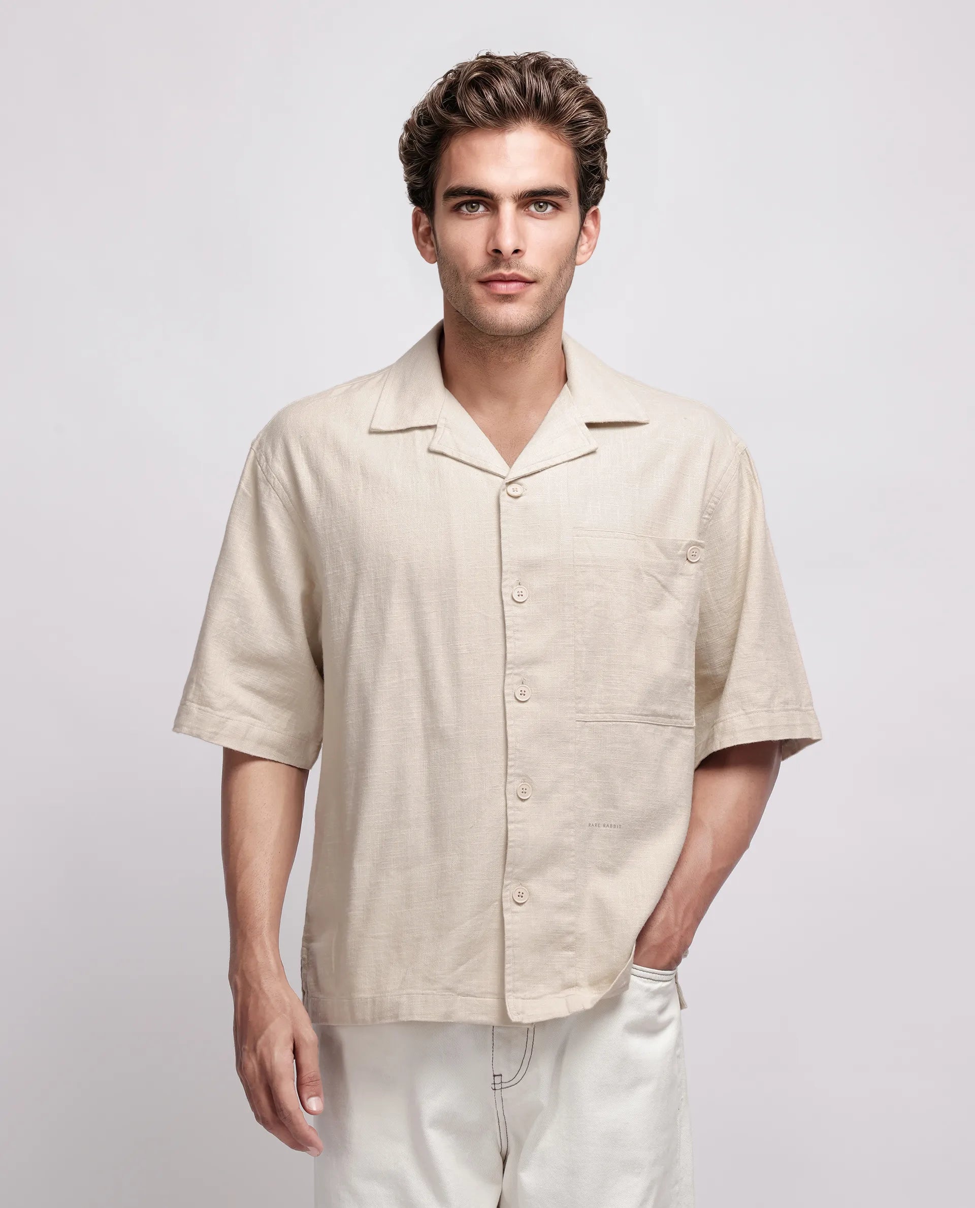 Rare Rabbit Men's Koba Beige Viscose Plain Boxy Fit Half Sleeve Cuban Collar Shirt