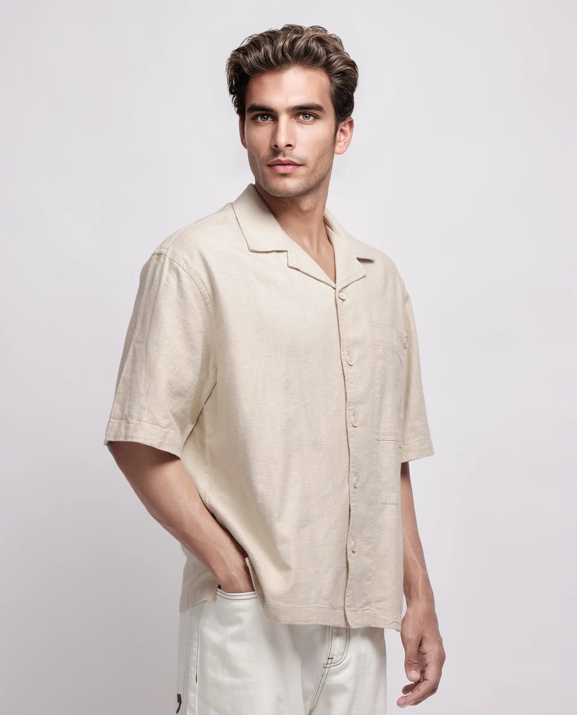 Rare Rabbit Men's Koba Beige Viscose Plain Boxy Fit Half Sleeve Cuban Collar Shirt