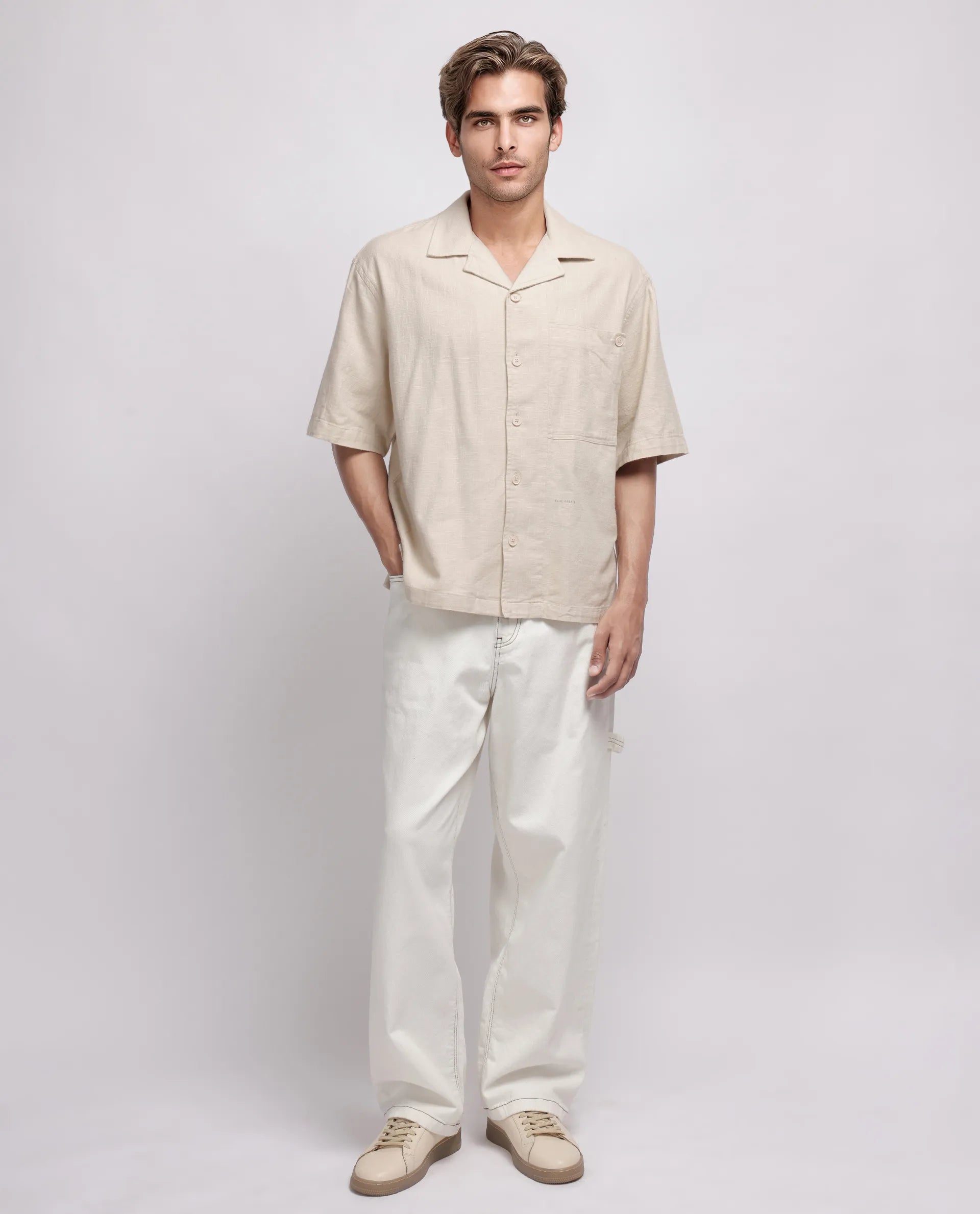 Rare Rabbit Men's Koba Beige Viscose Plain Boxy Fit Half Sleeve Cuban Collar Shirt