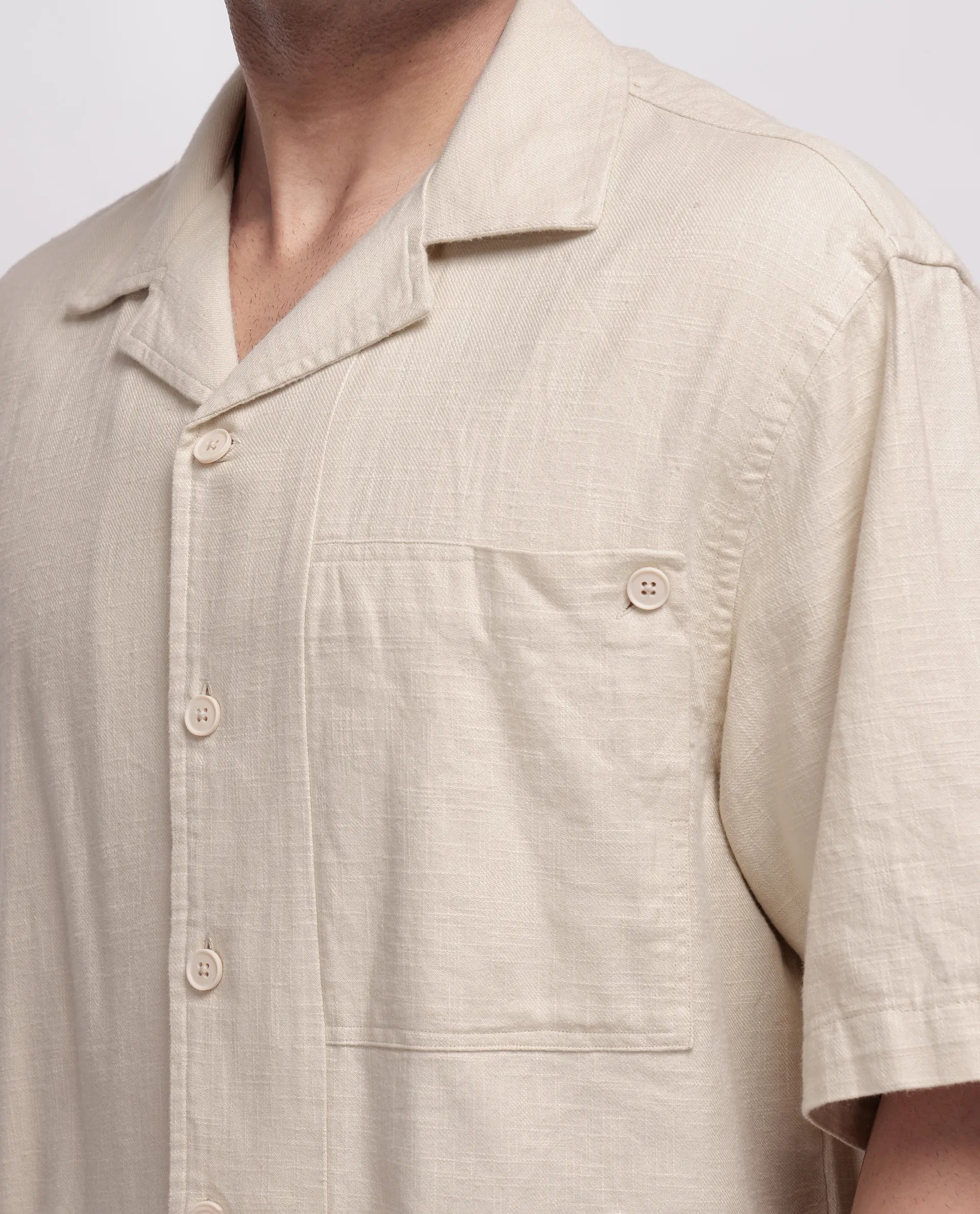 Rare Rabbit Men's Koba Beige Viscose Plain Boxy Fit Half Sleeve Cuban Collar Shirt