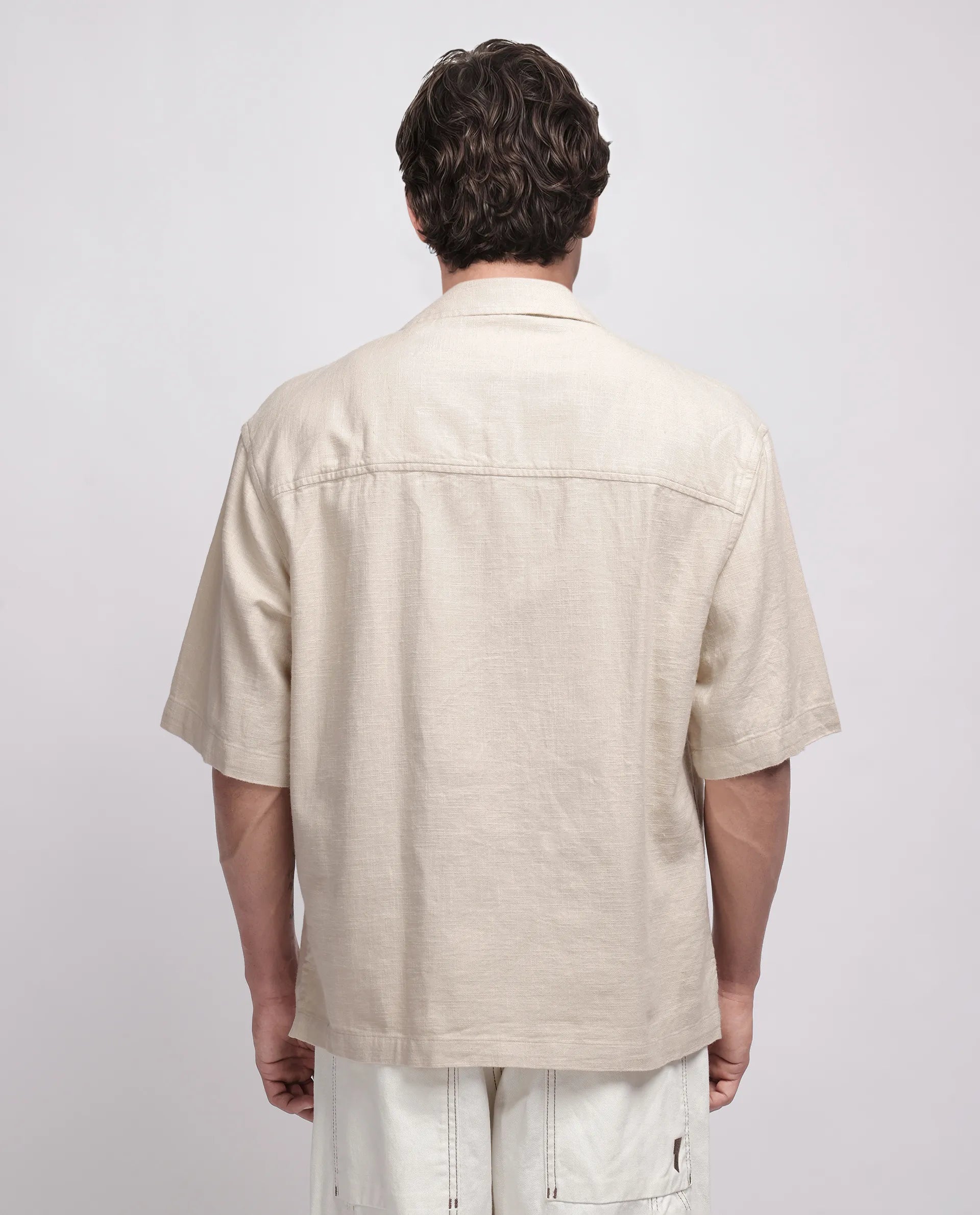 Rare Rabbit Men's Koba Beige Viscose Plain Boxy Fit Half Sleeve Cuban Collar Shirt