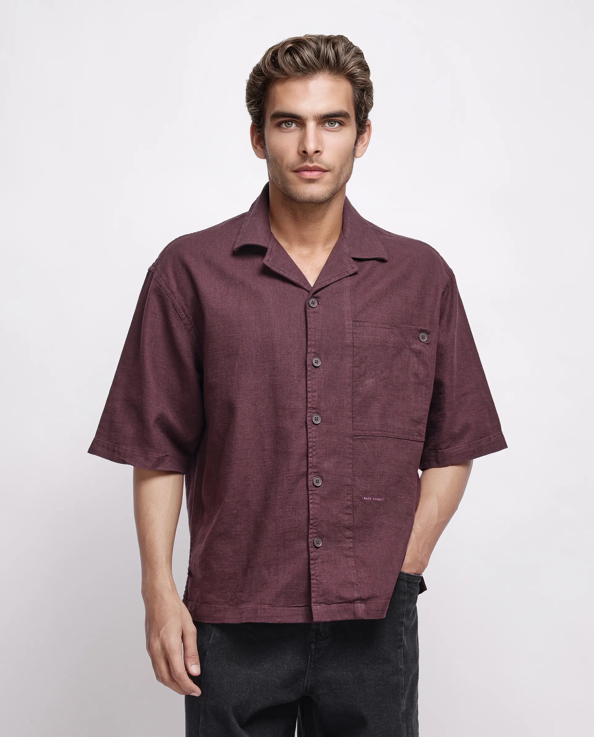 Rare Rabbit Men's Koba Dark Brown Cotton Plain Boxy Fit Half Sleeve Cuban Collar Shirt