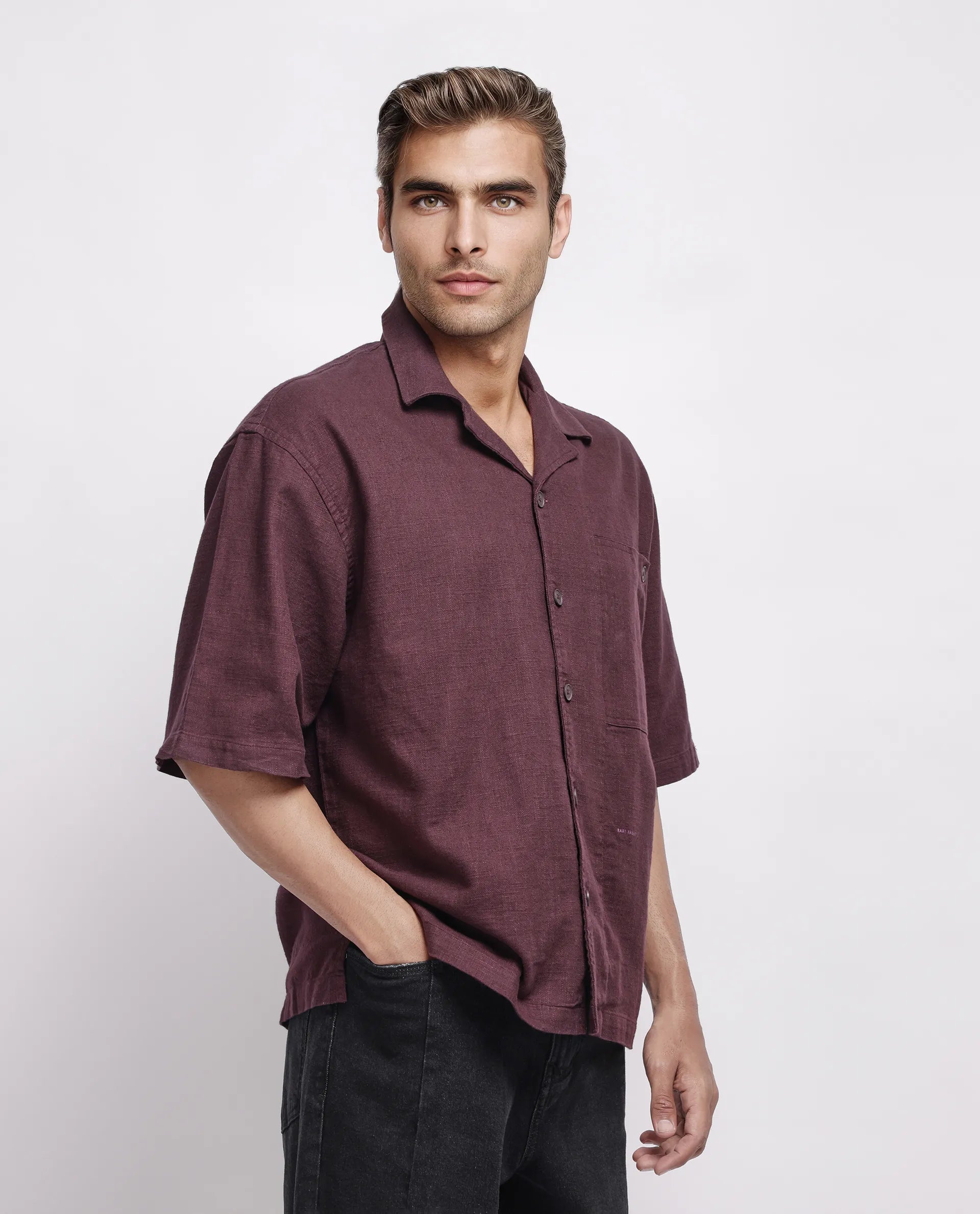 Rare Rabbit Men's Koba Dark Brown Cotton Plain Boxy Fit Half Sleeve Cuban Collar Shirt