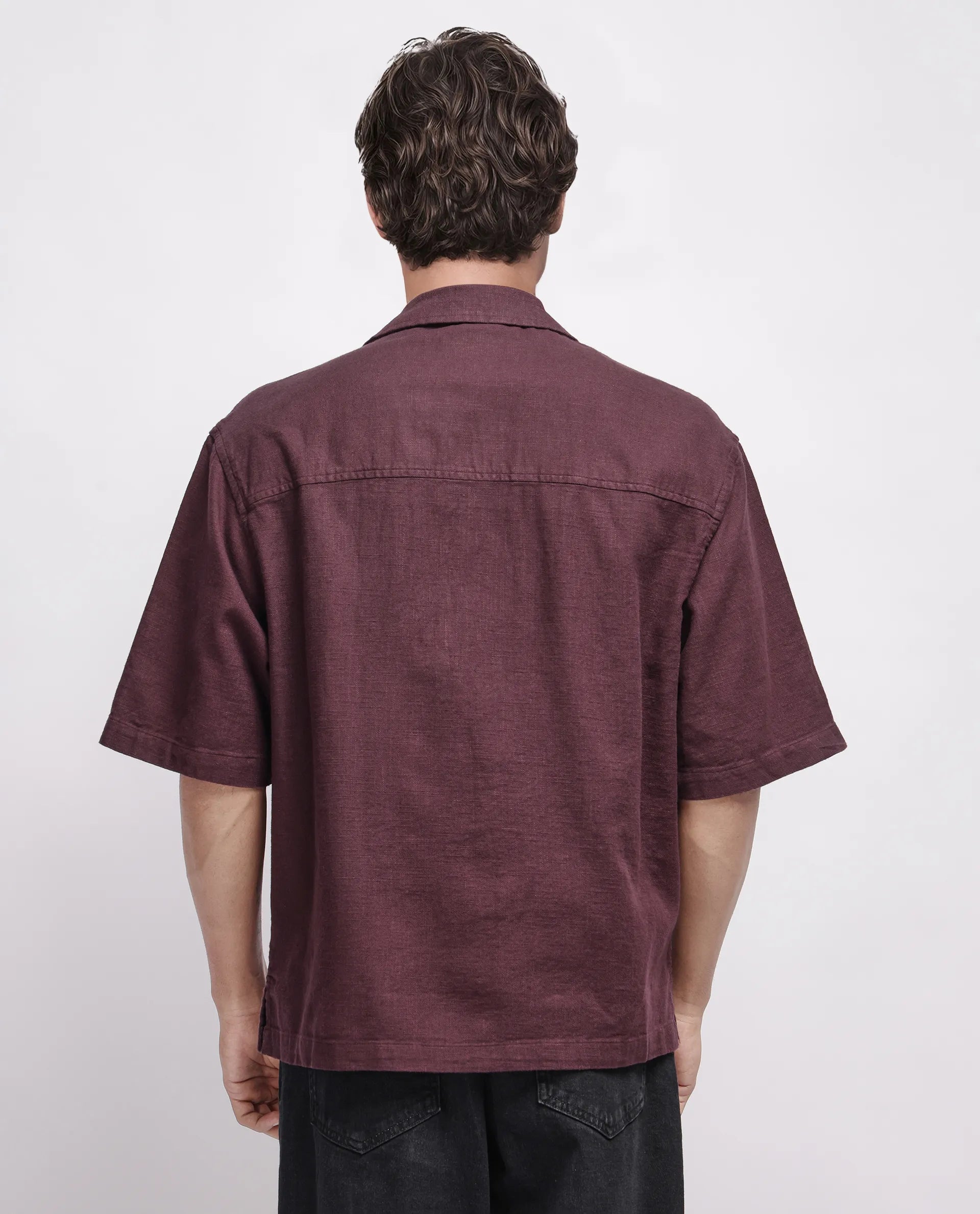 Rare Rabbit Men's Koba Dark Brown Cotton Plain Boxy Fit Half Sleeve Cuban Collar Shirt