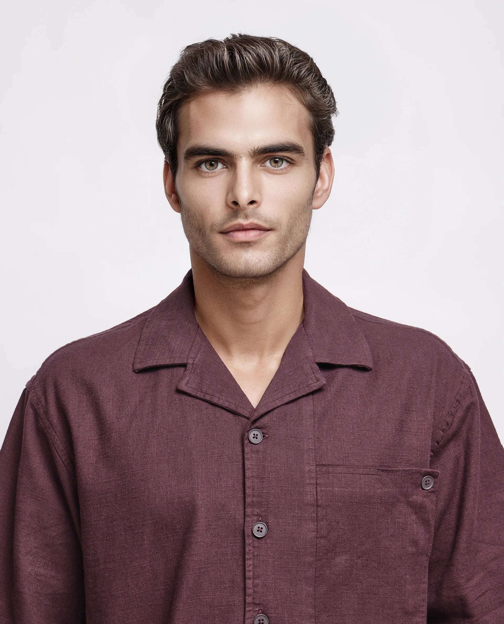 Rare Rabbit Men's Koba Dark Brown Cotton Plain Boxy Fit Half Sleeve Cuban Collar Shirt