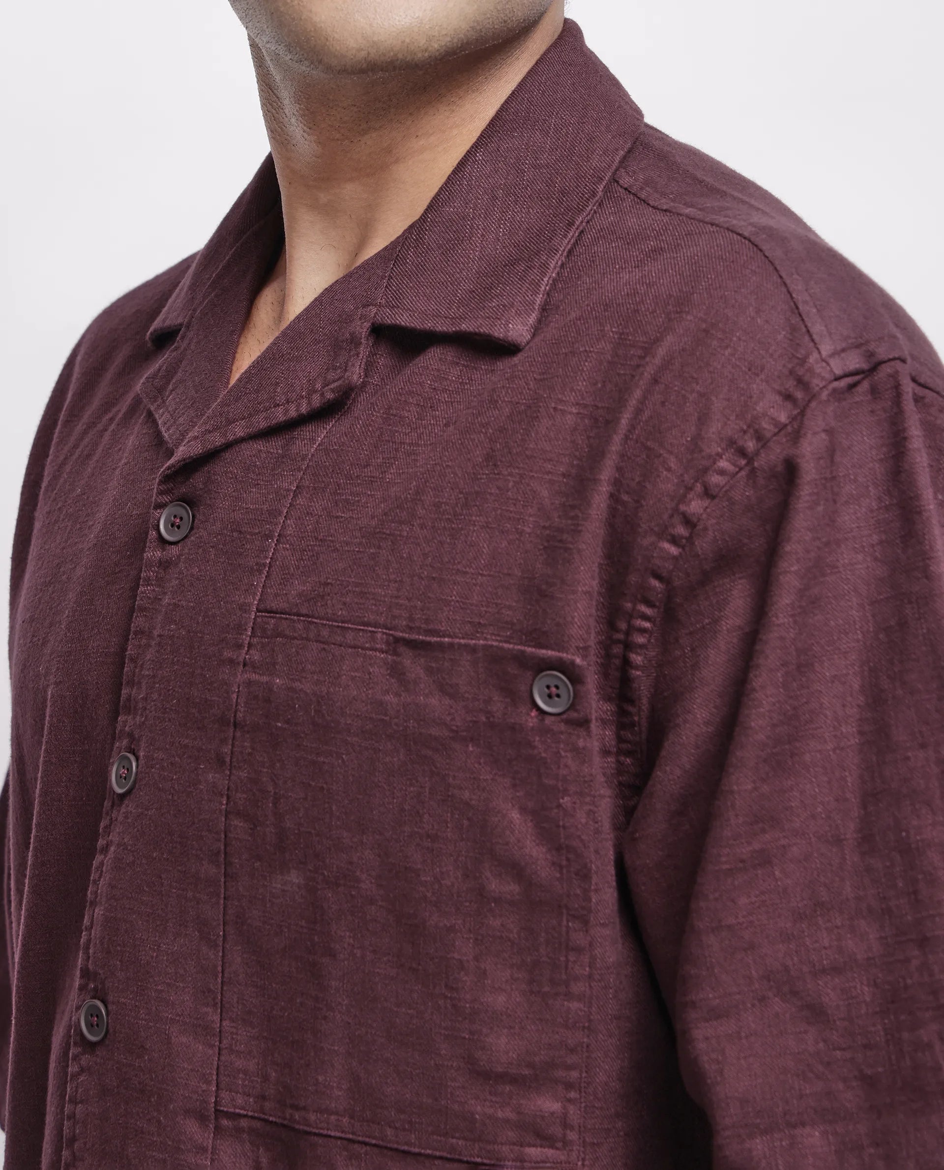 Rare Rabbit Men's Koba Dark Brown Cotton Plain Boxy Fit Half Sleeve Cuban Collar Shirt