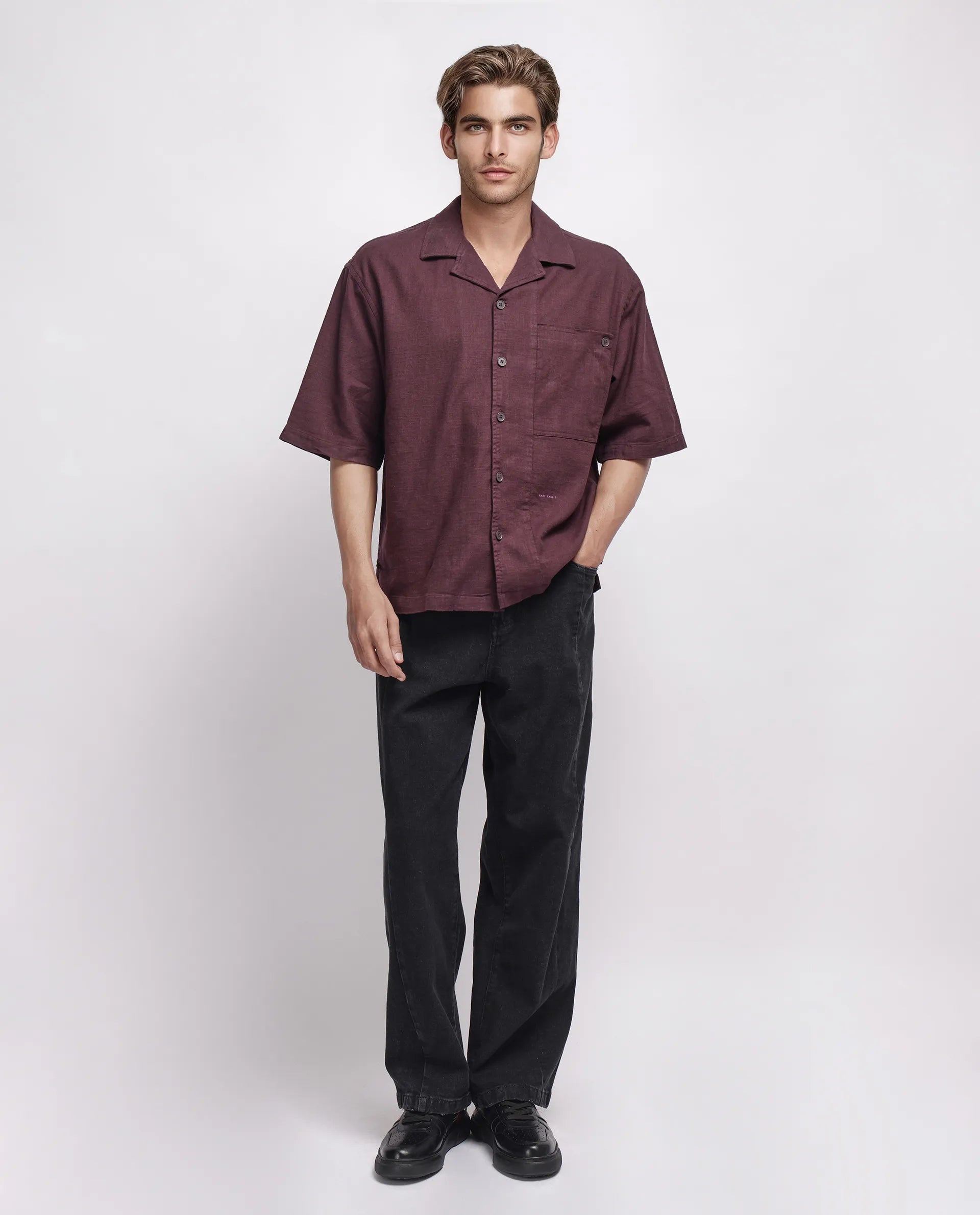 Rare Rabbit Men's Koba Dark Brown Cotton Plain Boxy Fit Half Sleeve Cuban Collar Shirt