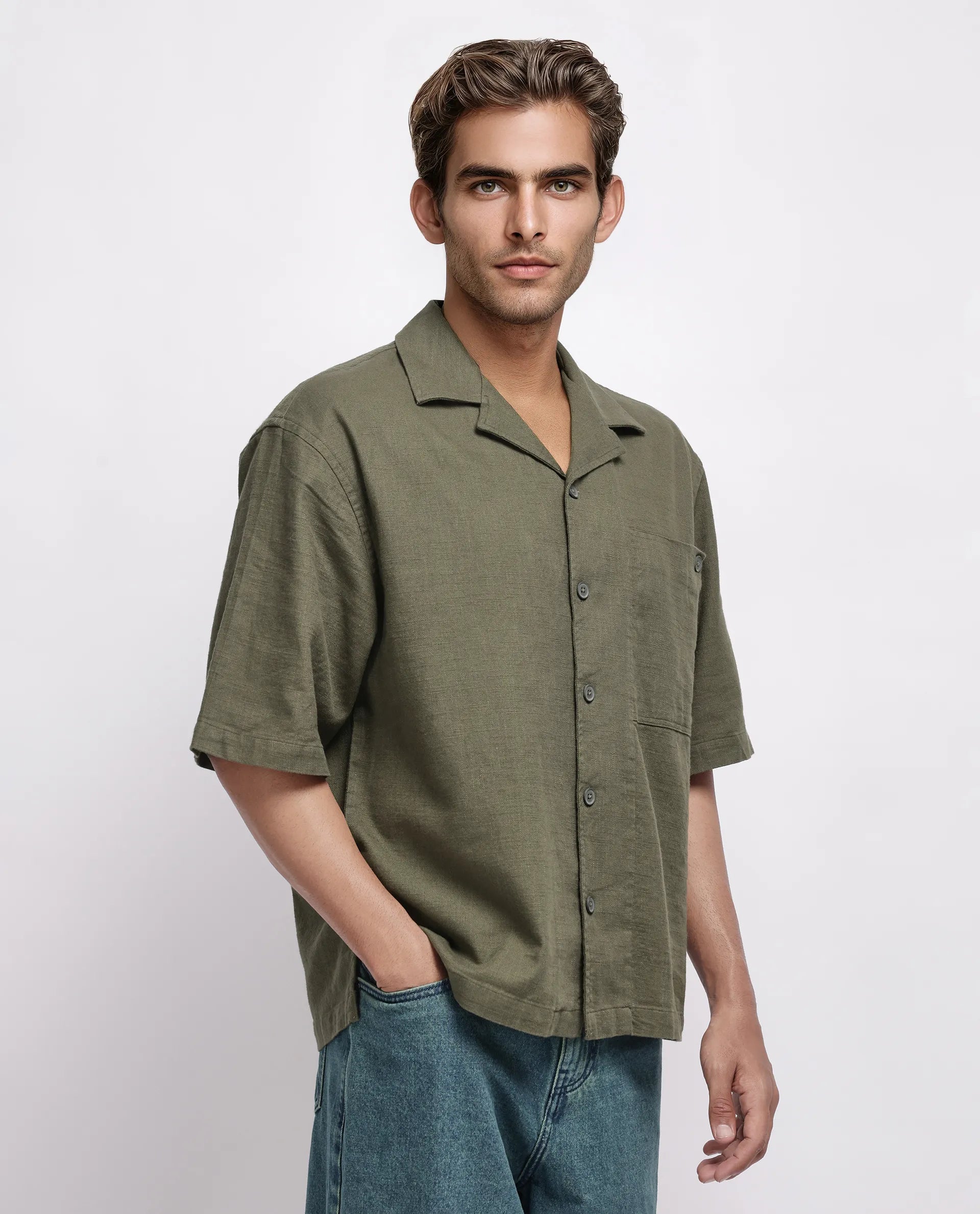 Rare Rabbit Men's Koba Olive Viscose Plain Boxy Fit Half Sleeve Cuban Collar Shirt