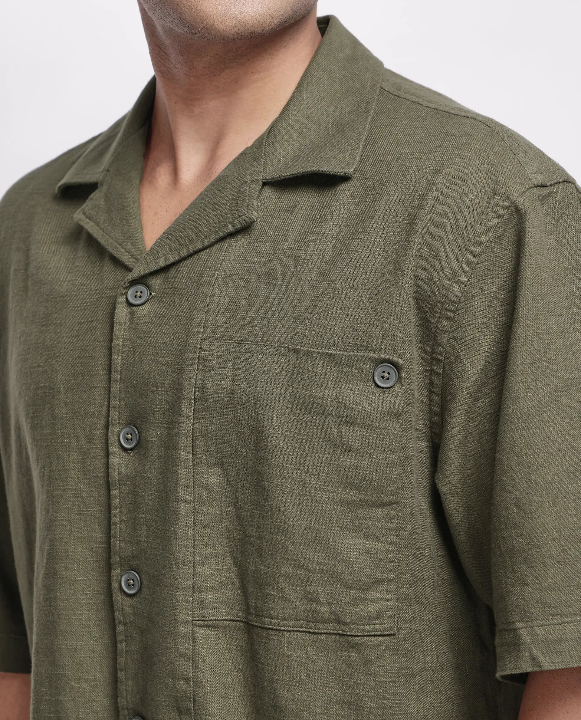 Rare Rabbit Men's Koba Olive Viscose Plain Boxy Fit Half Sleeve Cuban Collar Shirt