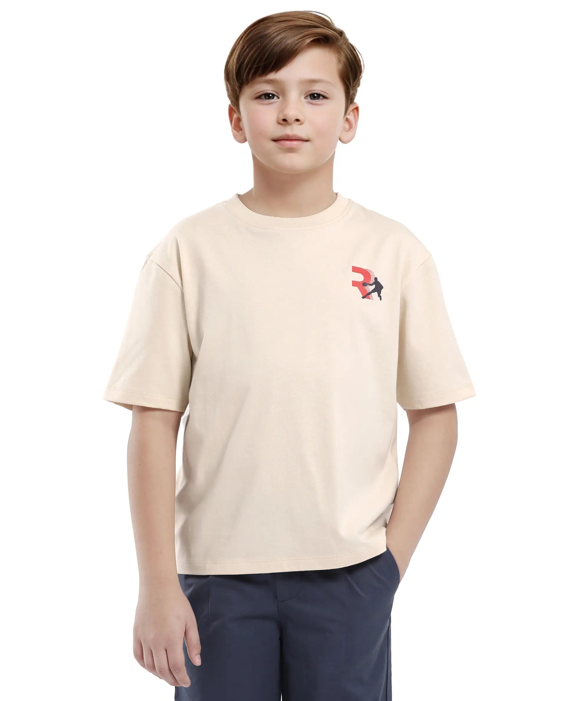 Rare Ones Kids Kobe Light Beige Cotton Graphic Print Slip-On Oversized Fit T-Shirt