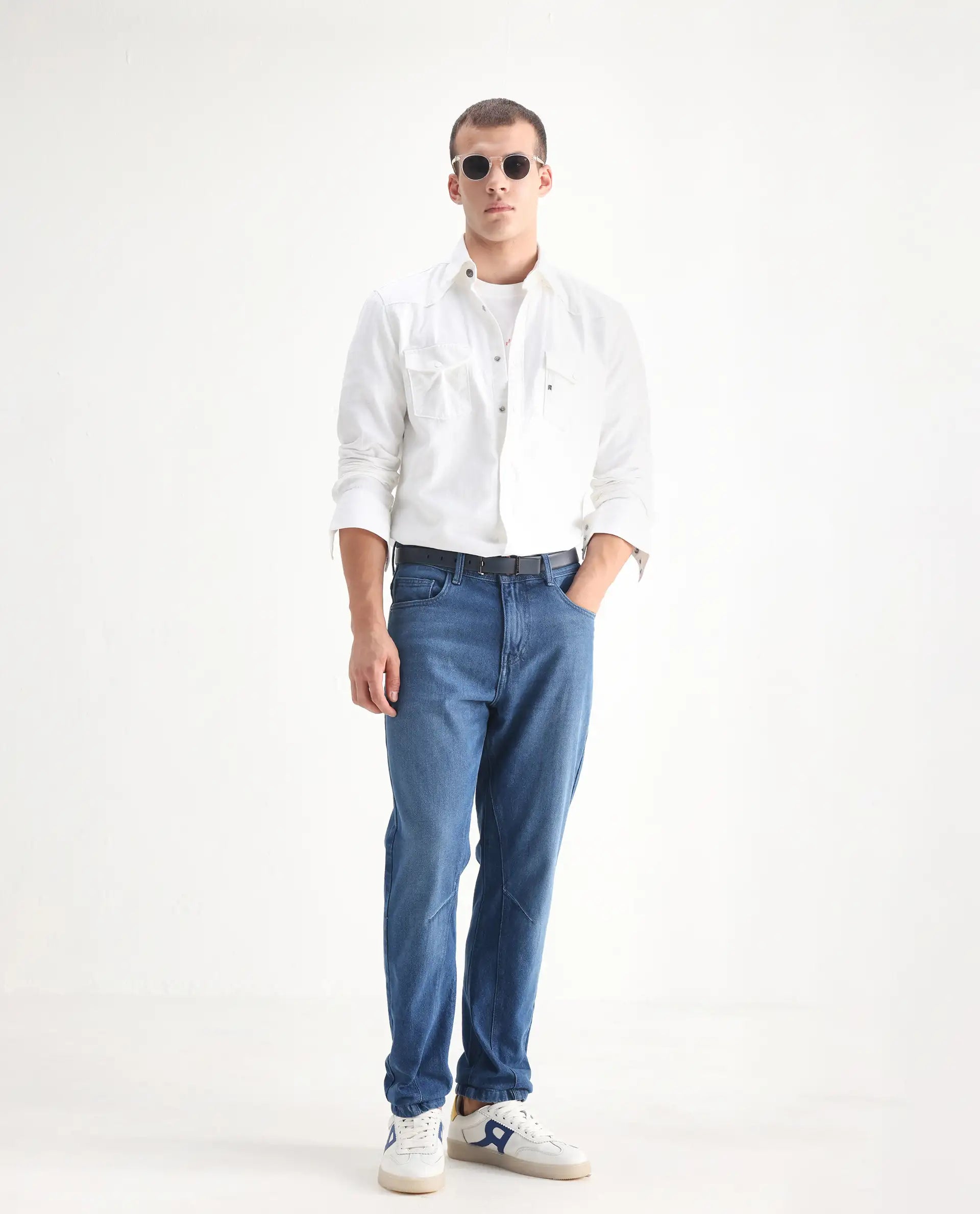 Rare Rabbit Men's Kobet Blue Cotton Plain Morris Regular Fit Jeans