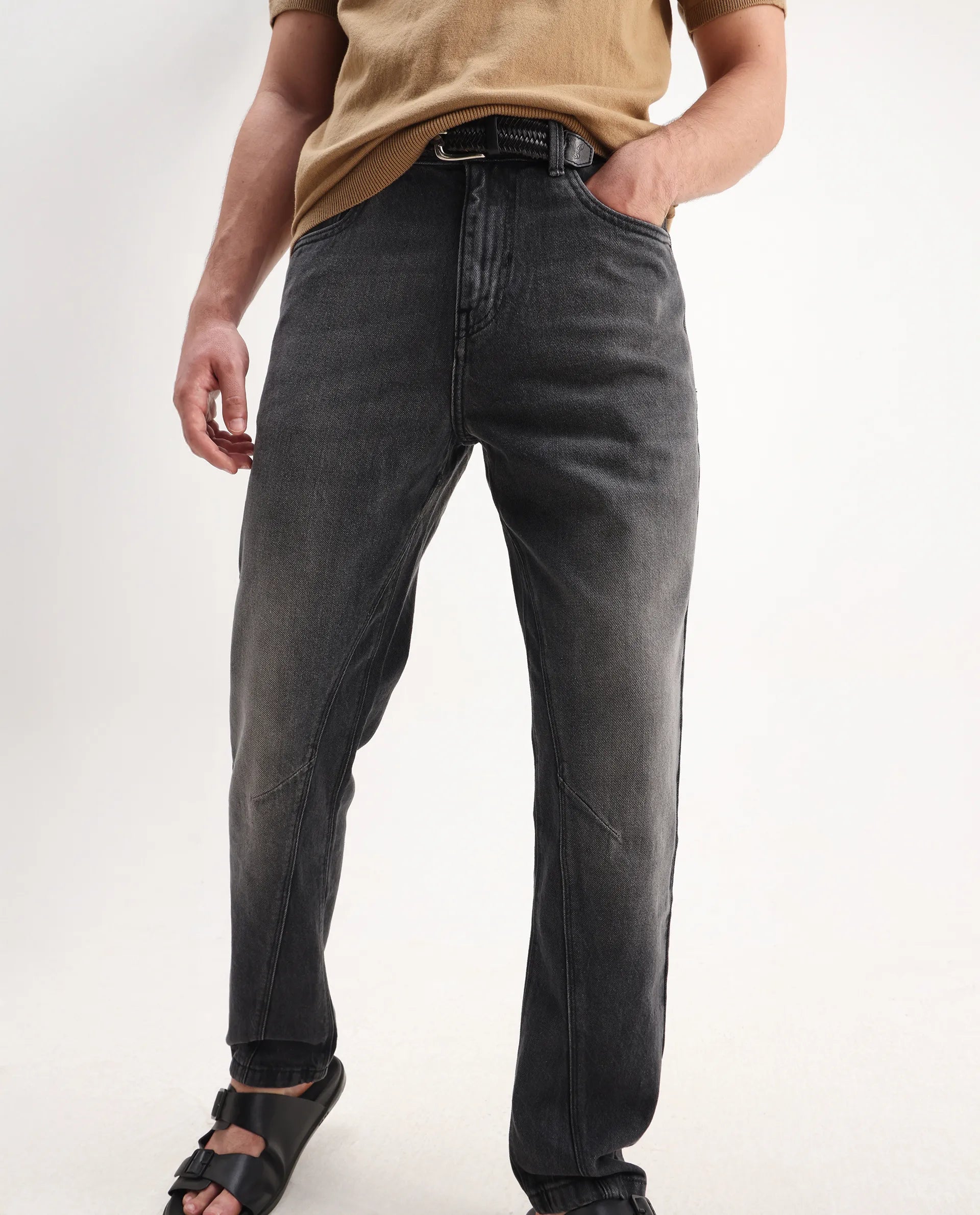 Rare Rabbit Men's Kobet Grey Cotton Plain Morris Regular Fit Jeans