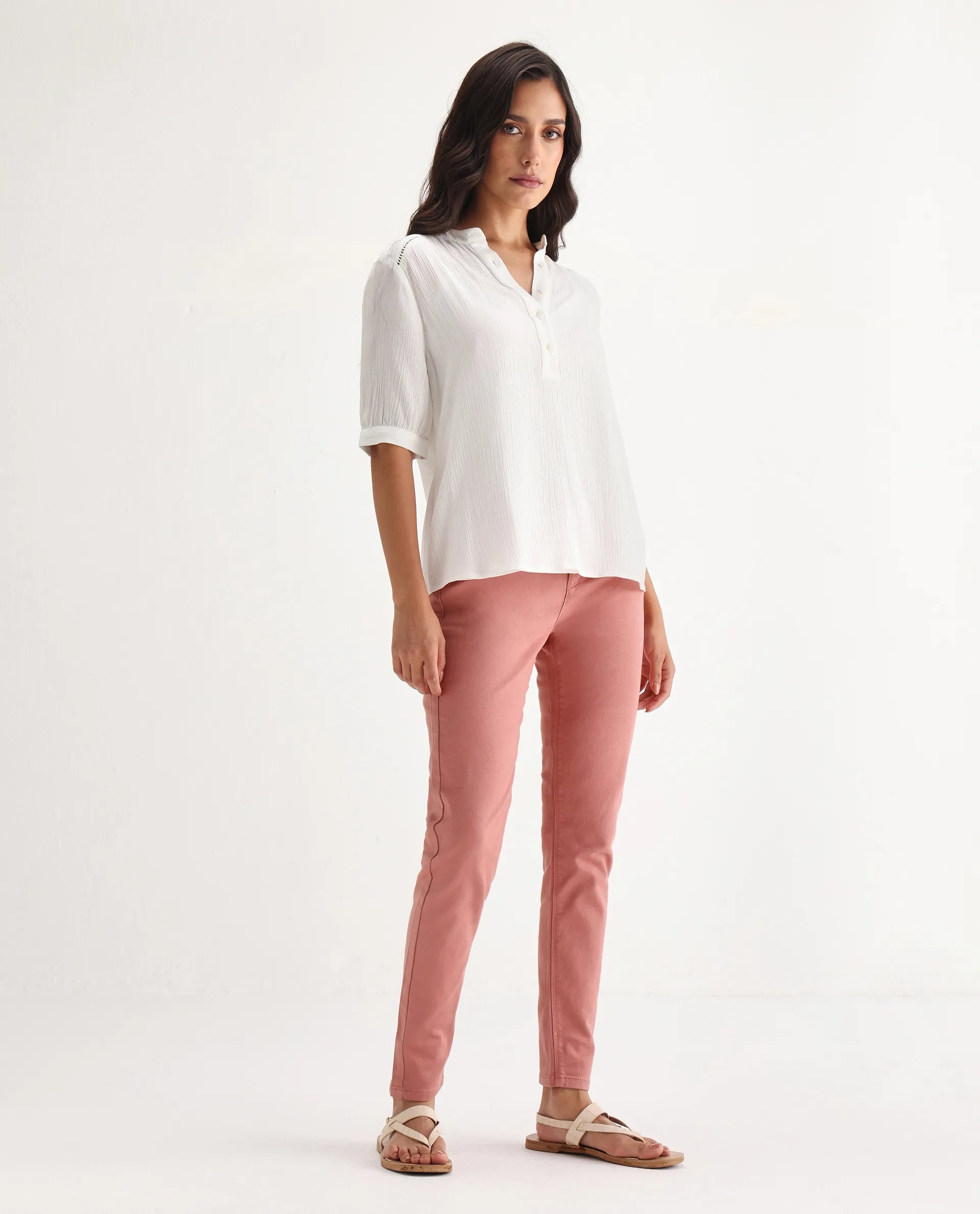 Rareism Women's Kocho Pink Cotton Blend Plain Ankle Length Slim Fit Jeans
