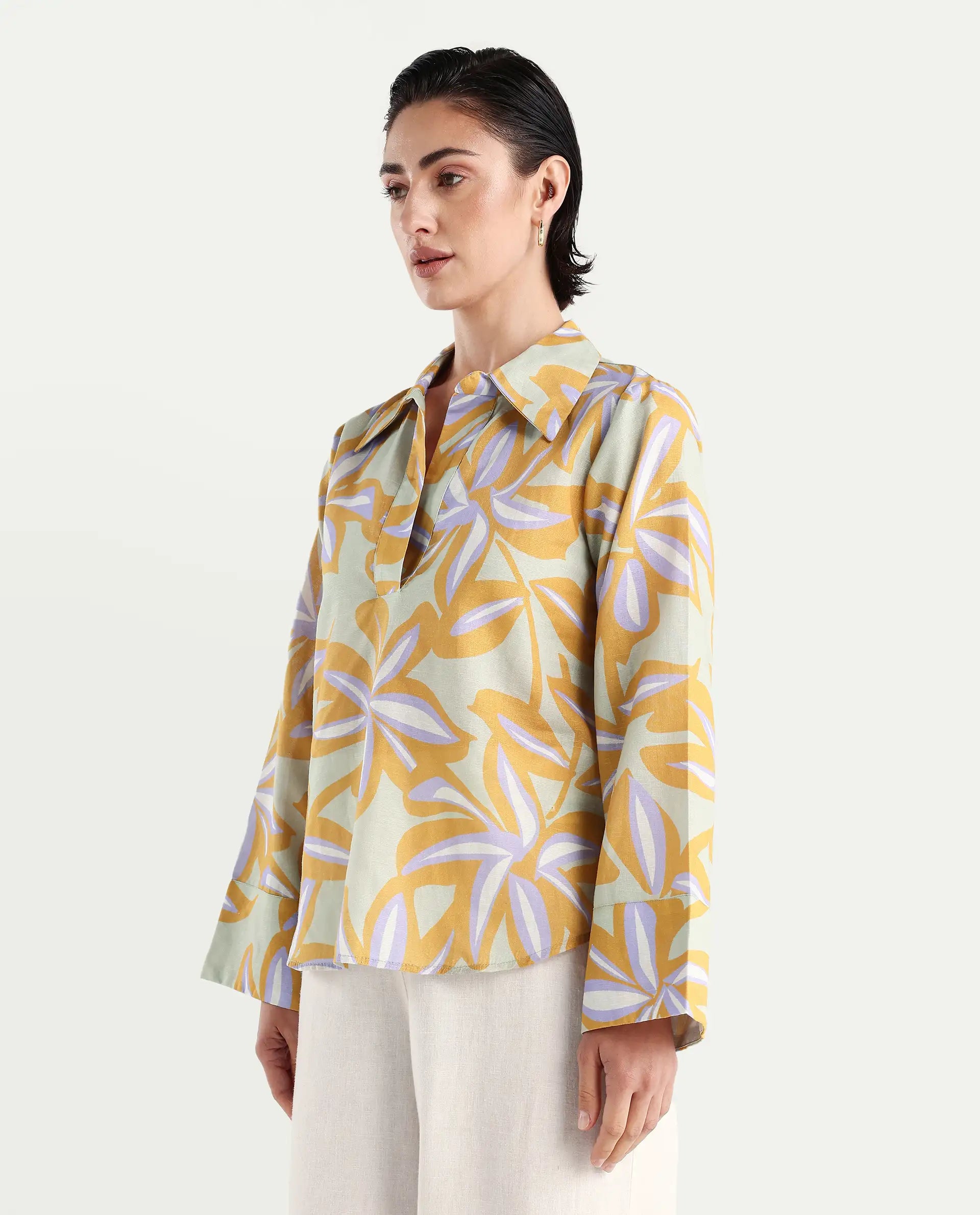 Rareism Women's Kofianie Brown Cotton Blend Drop Collar Abstract Print Bell Sleeve Regular Fit Top