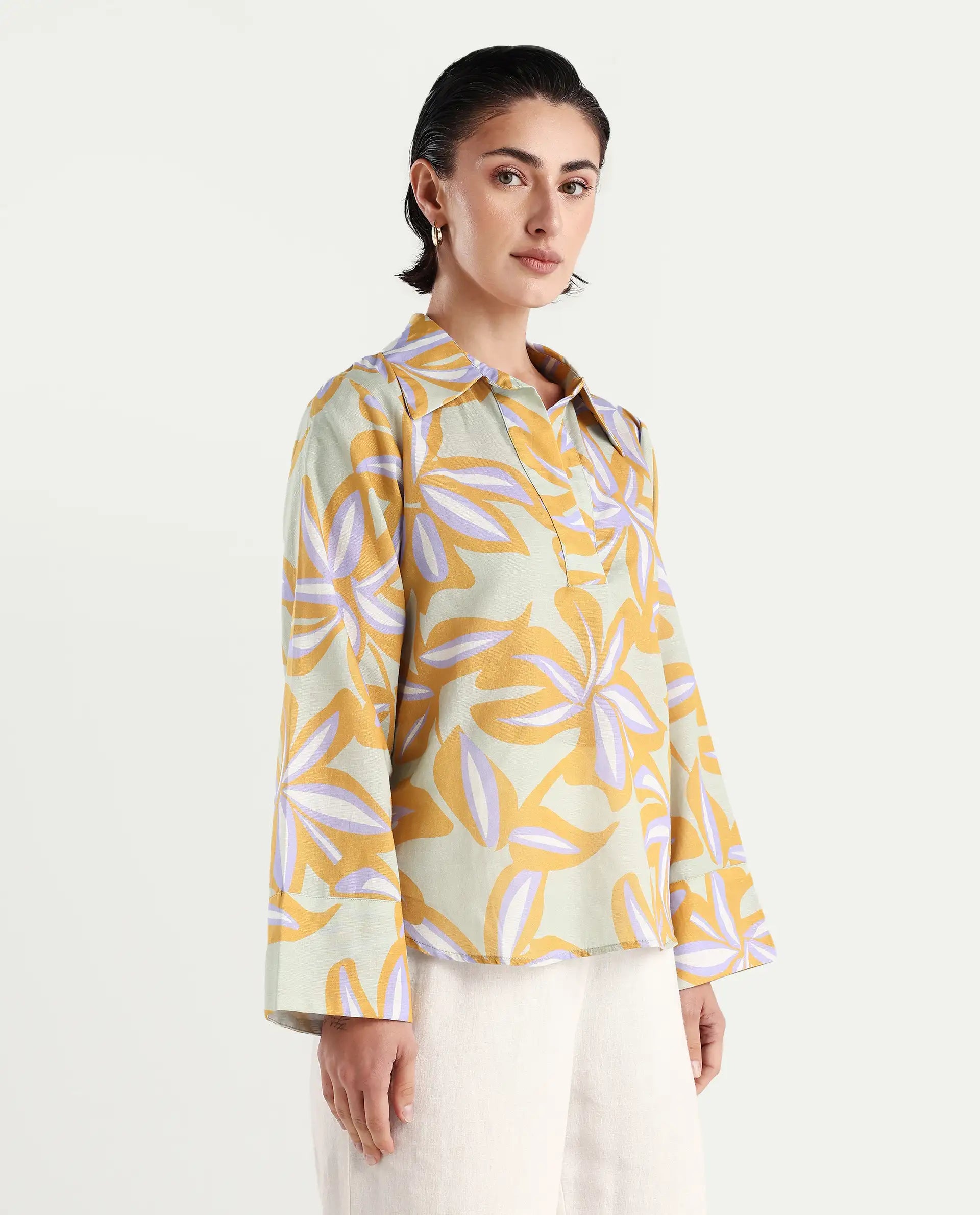 Rareism Women's Kofianie Brown Cotton Blend Drop Collar Abstract Print Bell Sleeve Regular Fit Top