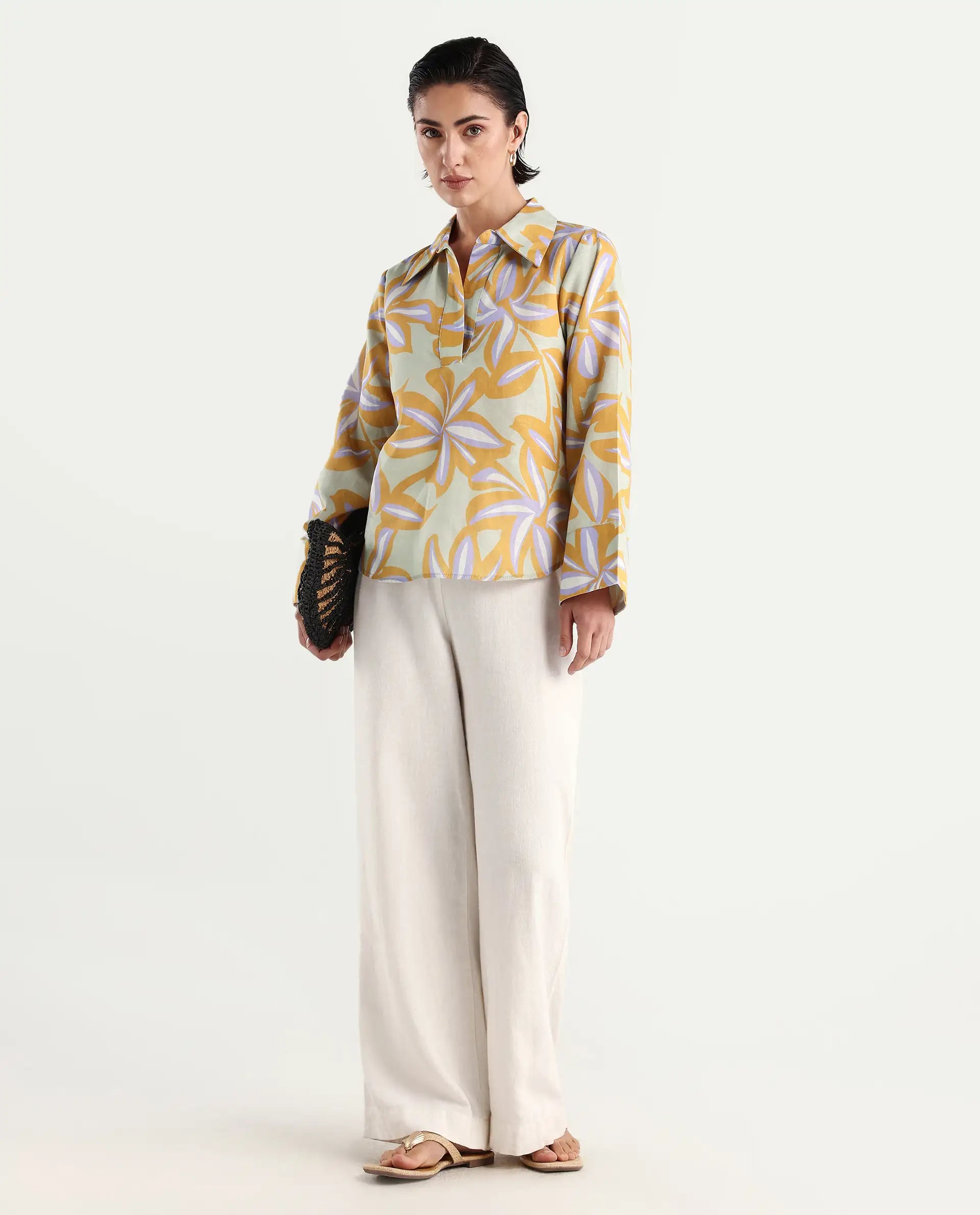 Rareism Women's Kofianie Brown Cotton Blend Drop Collar Abstract Print Bell Sleeve Regular Fit Top