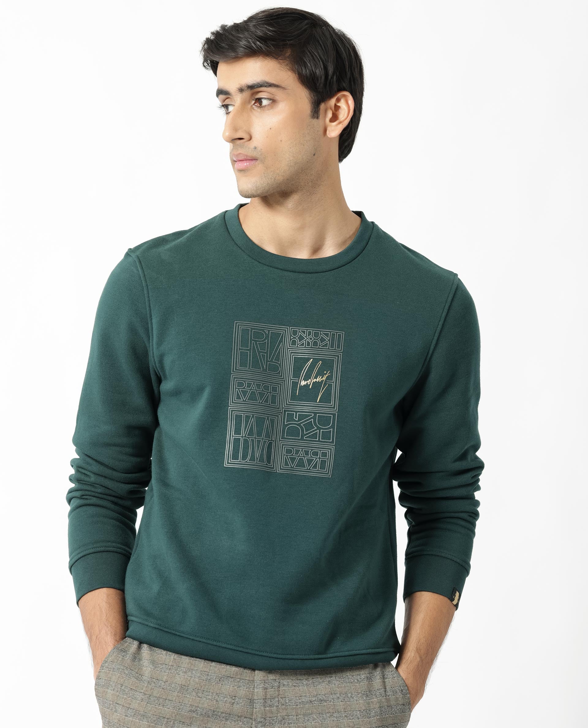 Rare Rabbit Men's Kofu Green Cotton Polyester Fabric Full Sleeves Logo Statement Print Knitted Sweatshirt