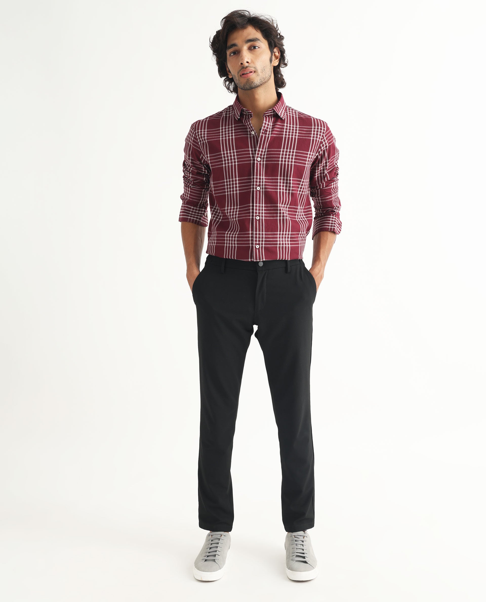 RARE RABBIT MEN'S KOLIND DARK MAROON SHIRT FULL SLEEVES COTTON FABRIC CHECKS