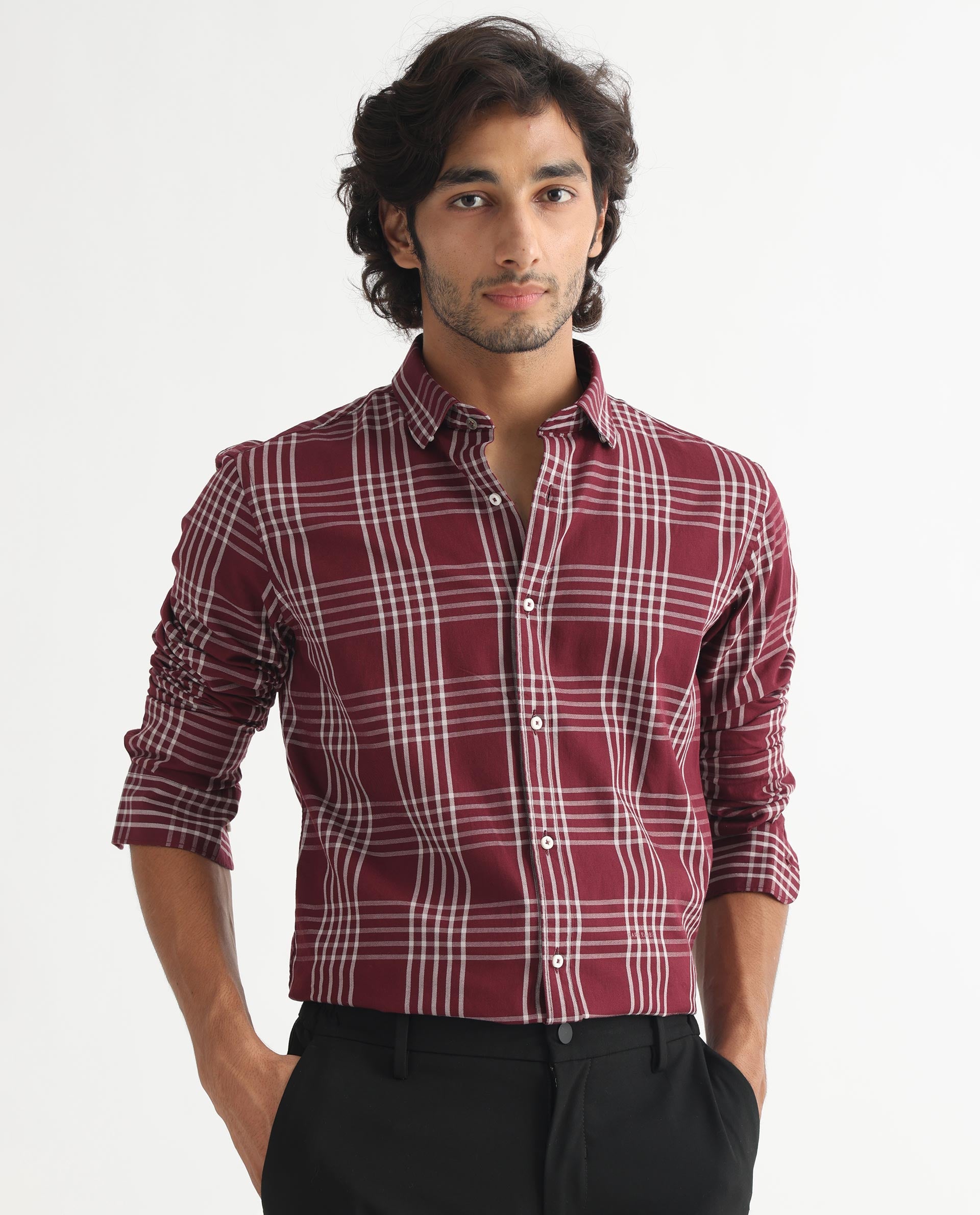 RARE RABBIT MEN'S KOLIND DARK MAROON SHIRT FULL SLEEVES COTTON FABRIC CHECKS