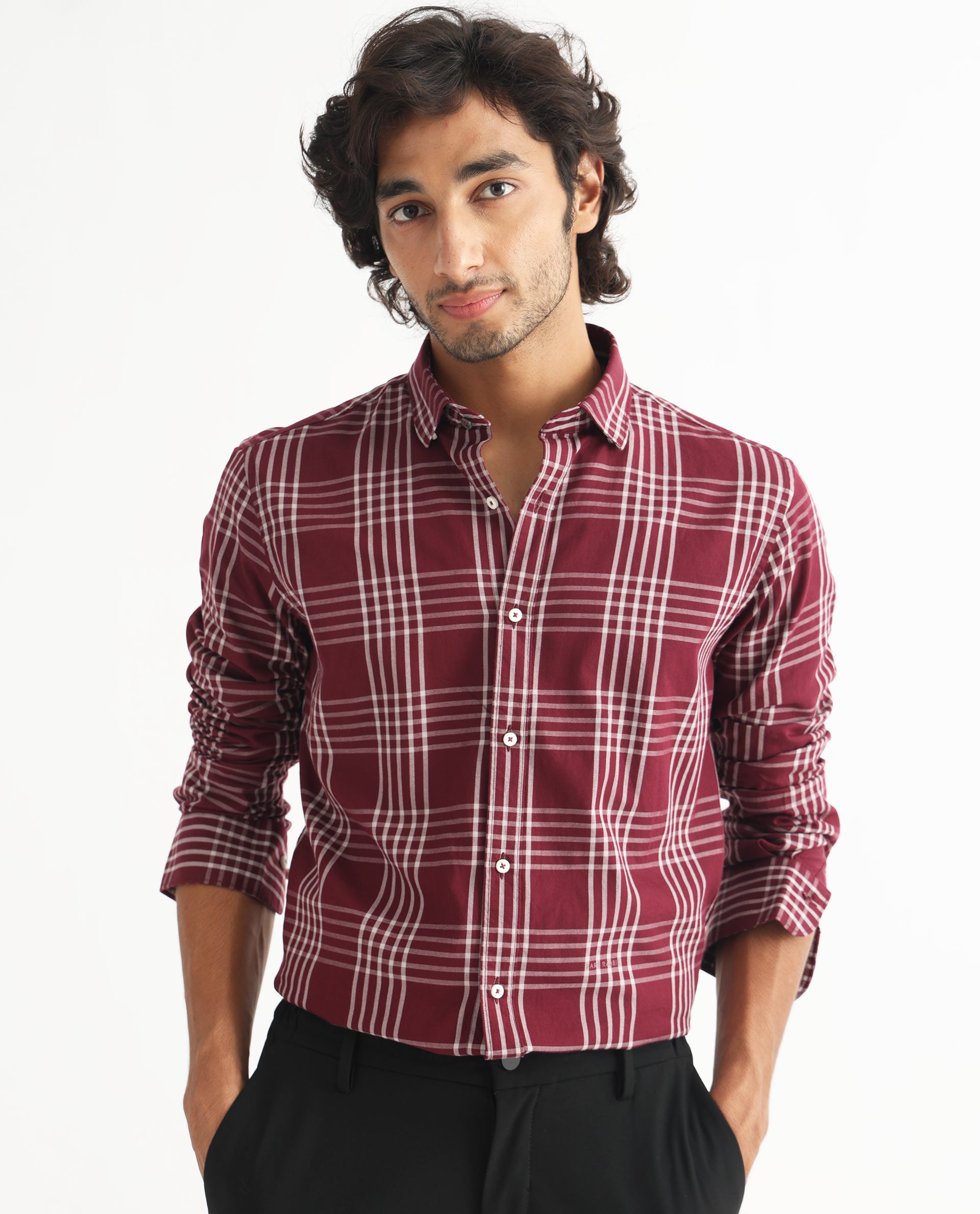 RARE RABBIT MEN'S KOLIND DARK MAROON SHIRT FULL SLEEVES COTTON FABRIC CHECKS