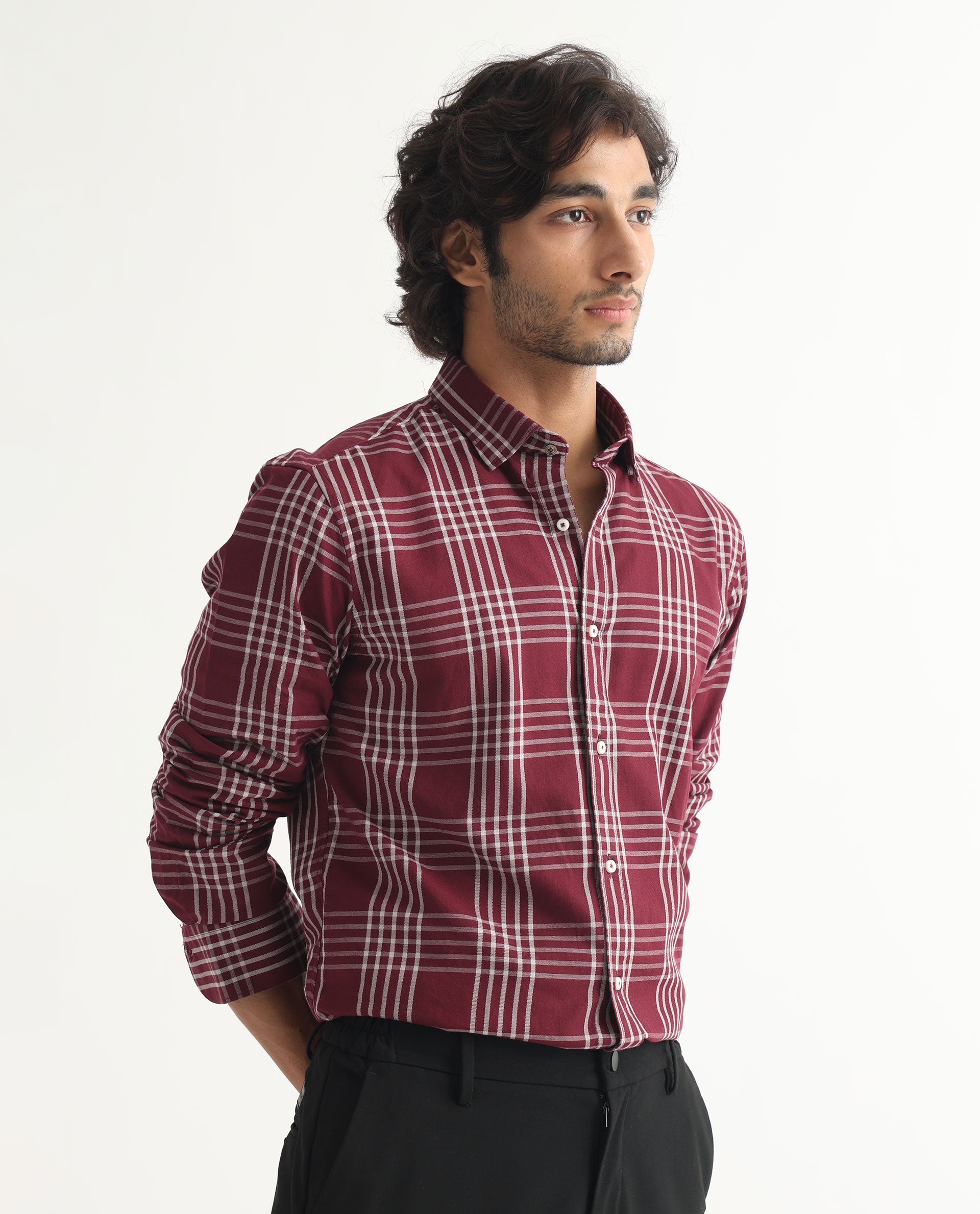 RARE RABBIT MEN'S KOLIND DARK MAROON SHIRT FULL SLEEVES COTTON FABRIC CHECKS