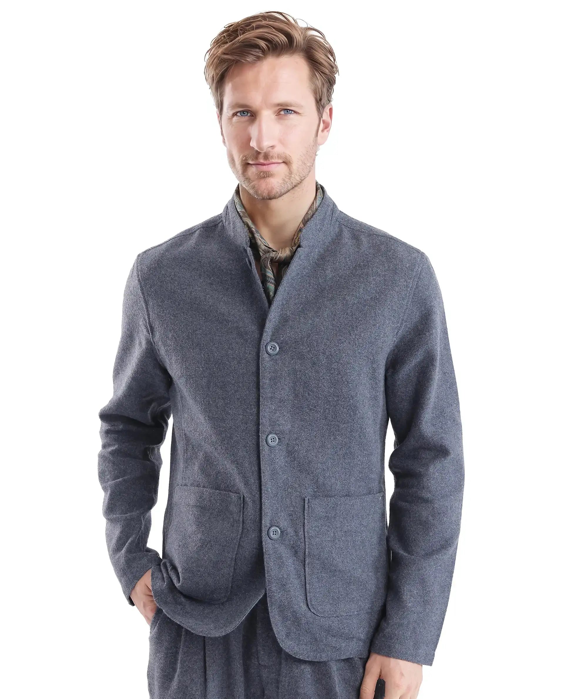 Rare Rabbit Men's Kolo Navy Mandarin Collar Full Sleeve Mercury Twill Shacket