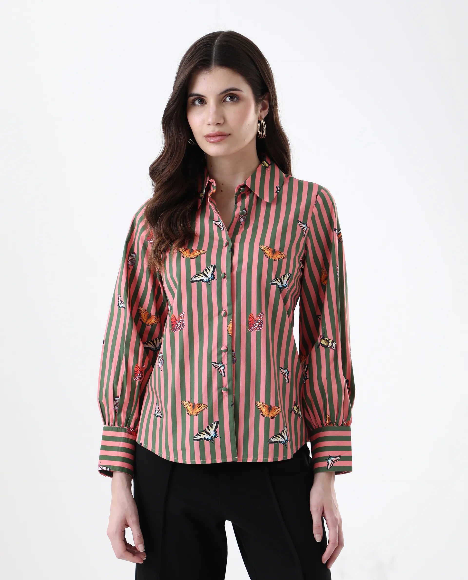 Rareism Women's Kolvo Multi Cotton Spread Collar Striped Bishop Sleeve Regular Fit Top