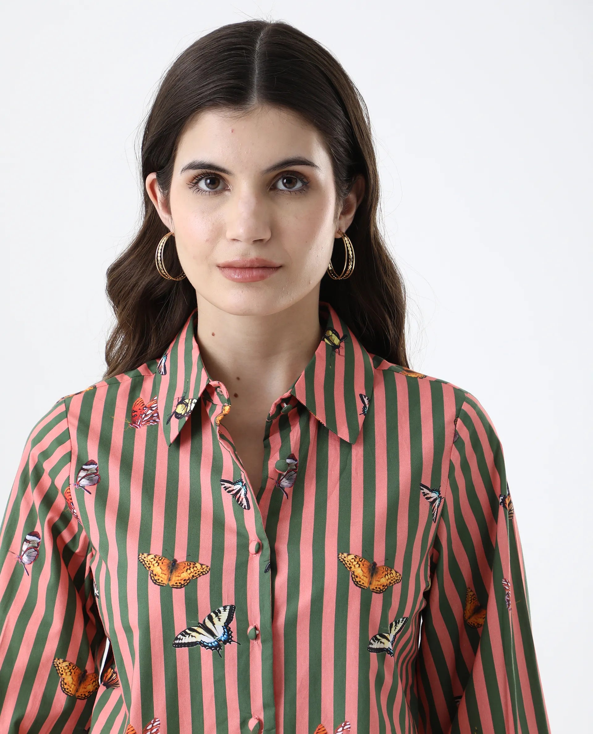 Rareism Women's Kolvo Multi Cotton Spread Collar Striped Bishop Sleeve Regular Fit Top