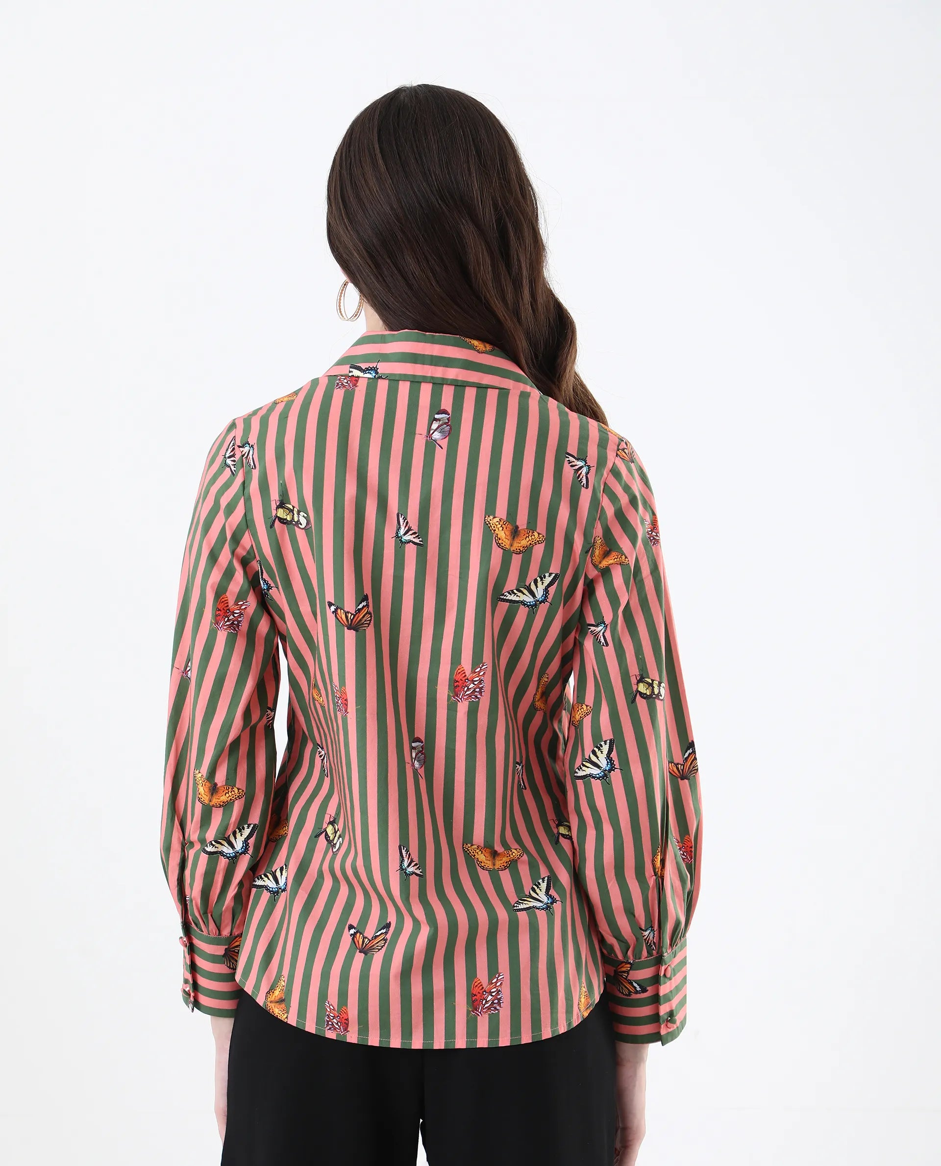 Rareism Women's Kolvo Multi Cotton Spread Collar Striped Bishop Sleeve Regular Fit Top