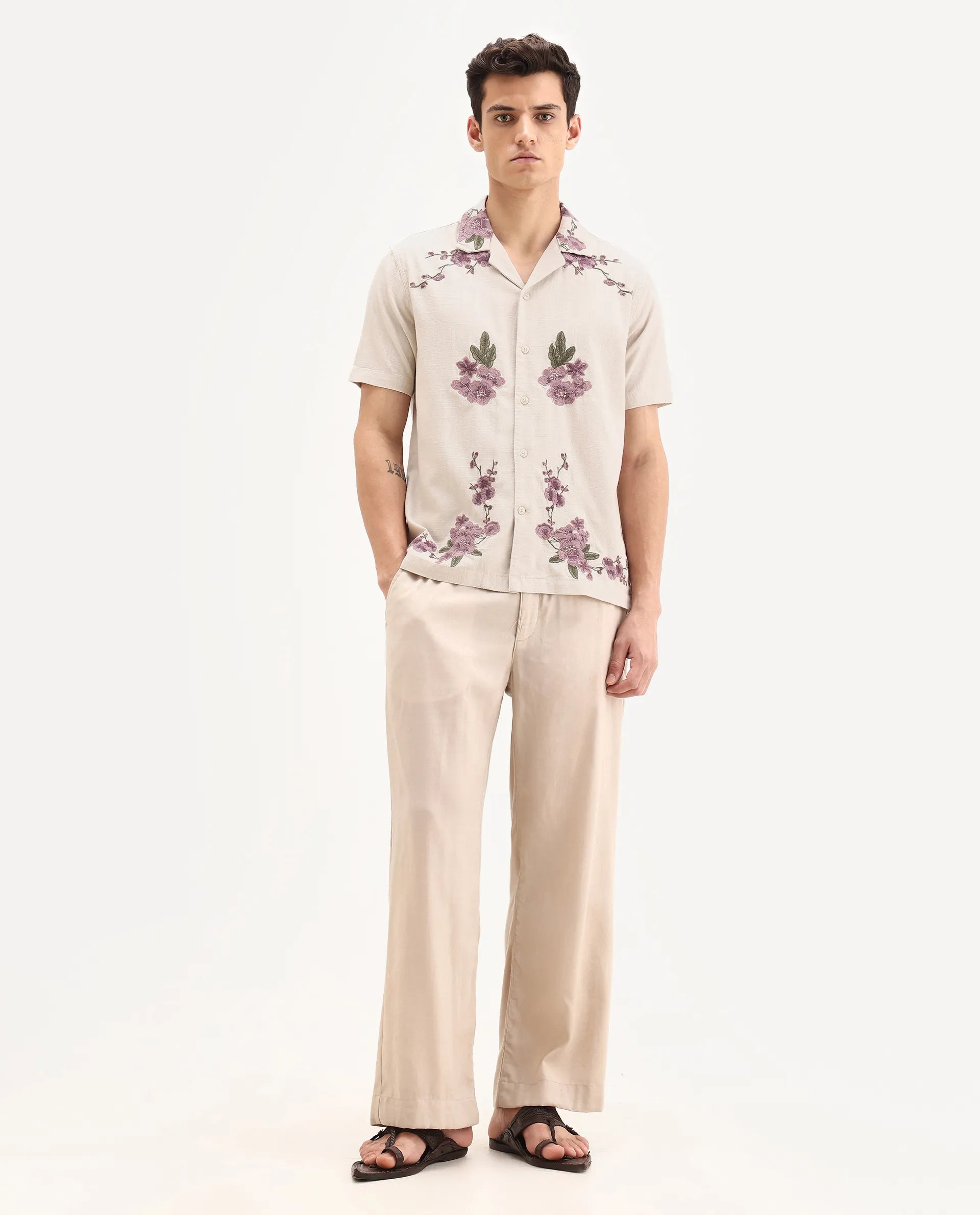 Rare Rabbit Men's Kone Off White Cotton Blend Embroidered Boxy Fit Half Sleeve Cuban Collar Shirt