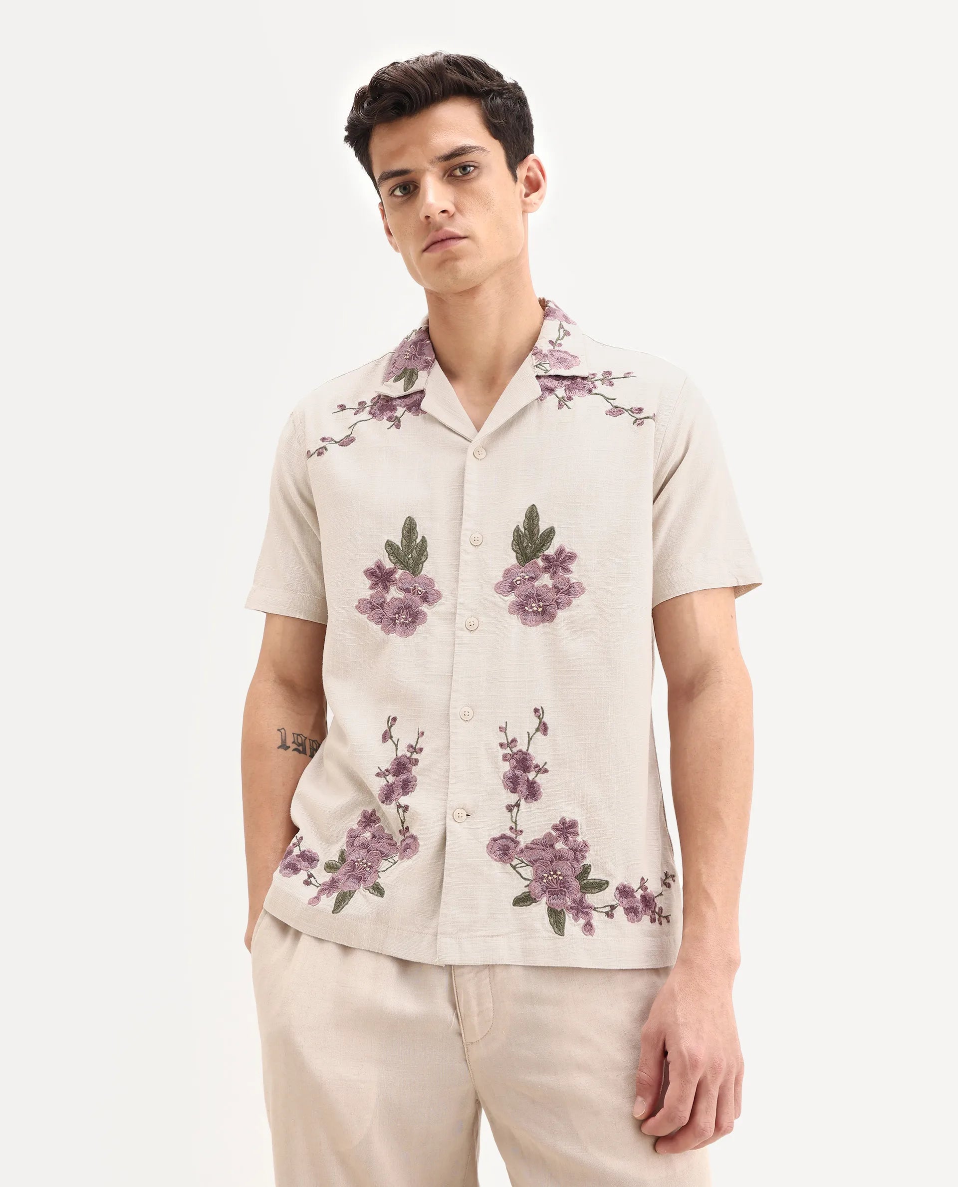 Rare Rabbit Men's Kone Off White Cotton Blend Embroidered Boxy Fit Half Sleeve Cuban Collar Shirt