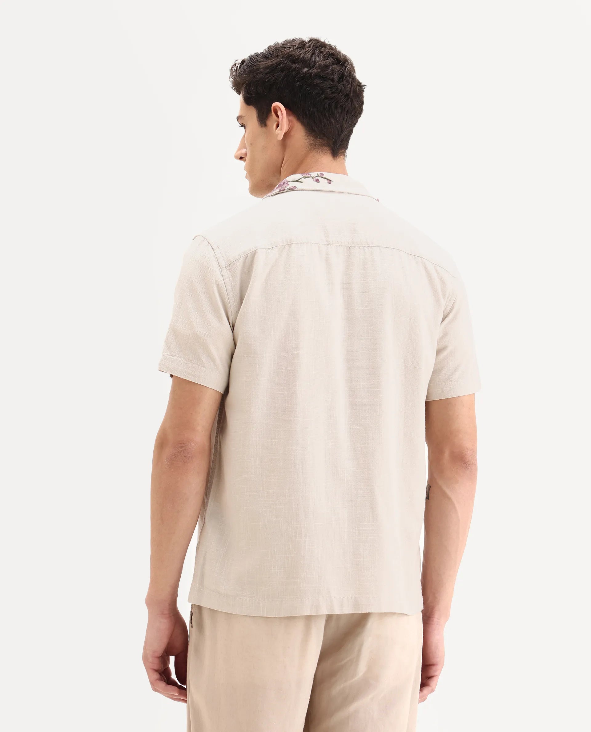 Rare Rabbit Men's Kone Off White Cotton Blend Embroidered Boxy Fit Half Sleeve Cuban Collar Shirt