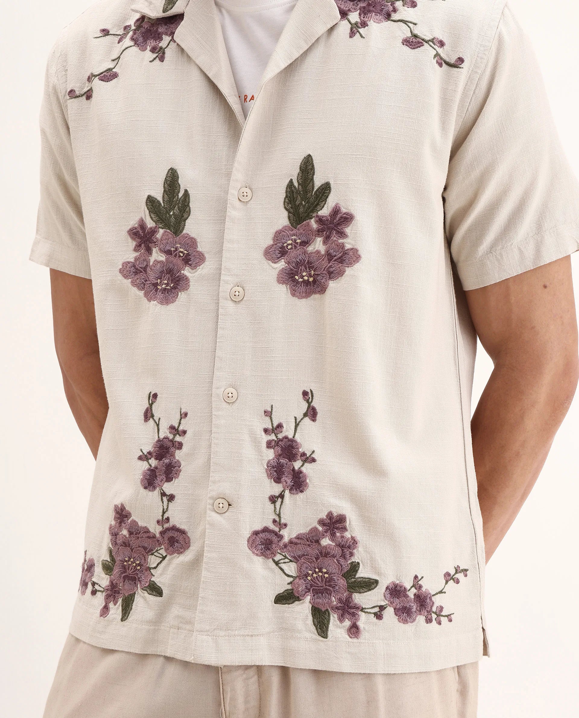 Rare Rabbit Men's Kone Off White Cotton Blend Embroidered Boxy Fit Half Sleeve Cuban Collar Shirt