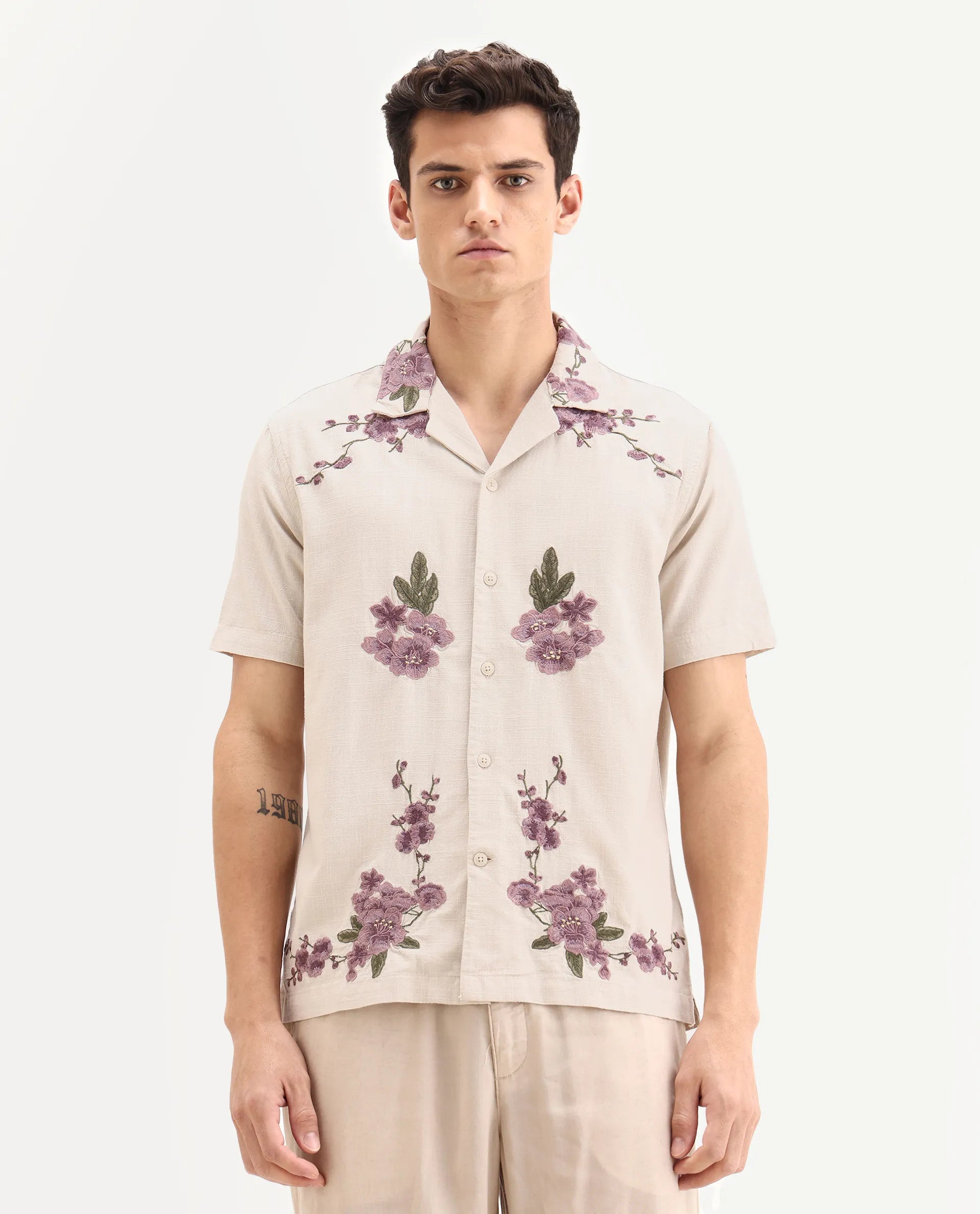 Rare Rabbit Men's Kone Off White Cotton Blend Embroidered Boxy Fit Half Sleeve Cuban Collar Shirt