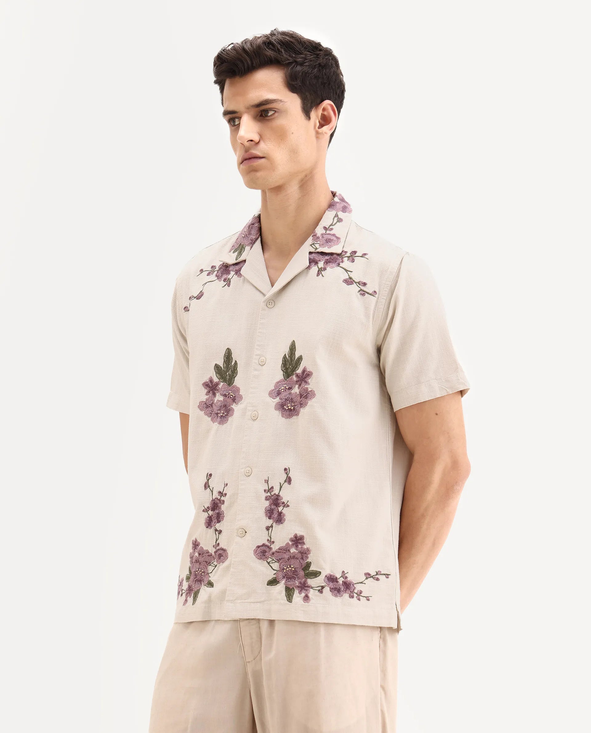 Rare Rabbit Men's Kone Off White Cotton Blend Embroidered Boxy Fit Half Sleeve Cuban Collar Shirt