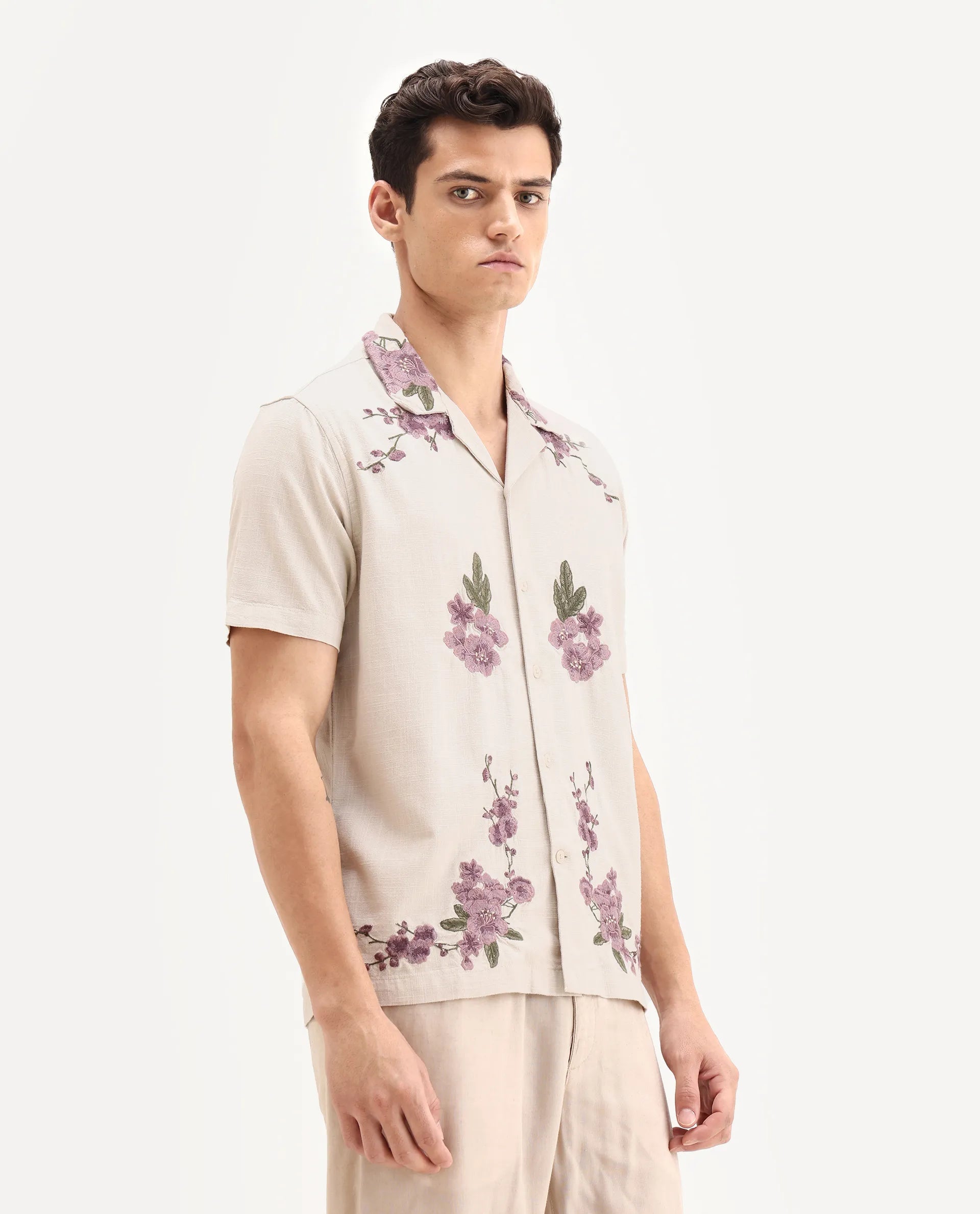 Rare Rabbit Men's Kone Off White Cotton Blend Embroidered Boxy Fit Half Sleeve Cuban Collar Shirt