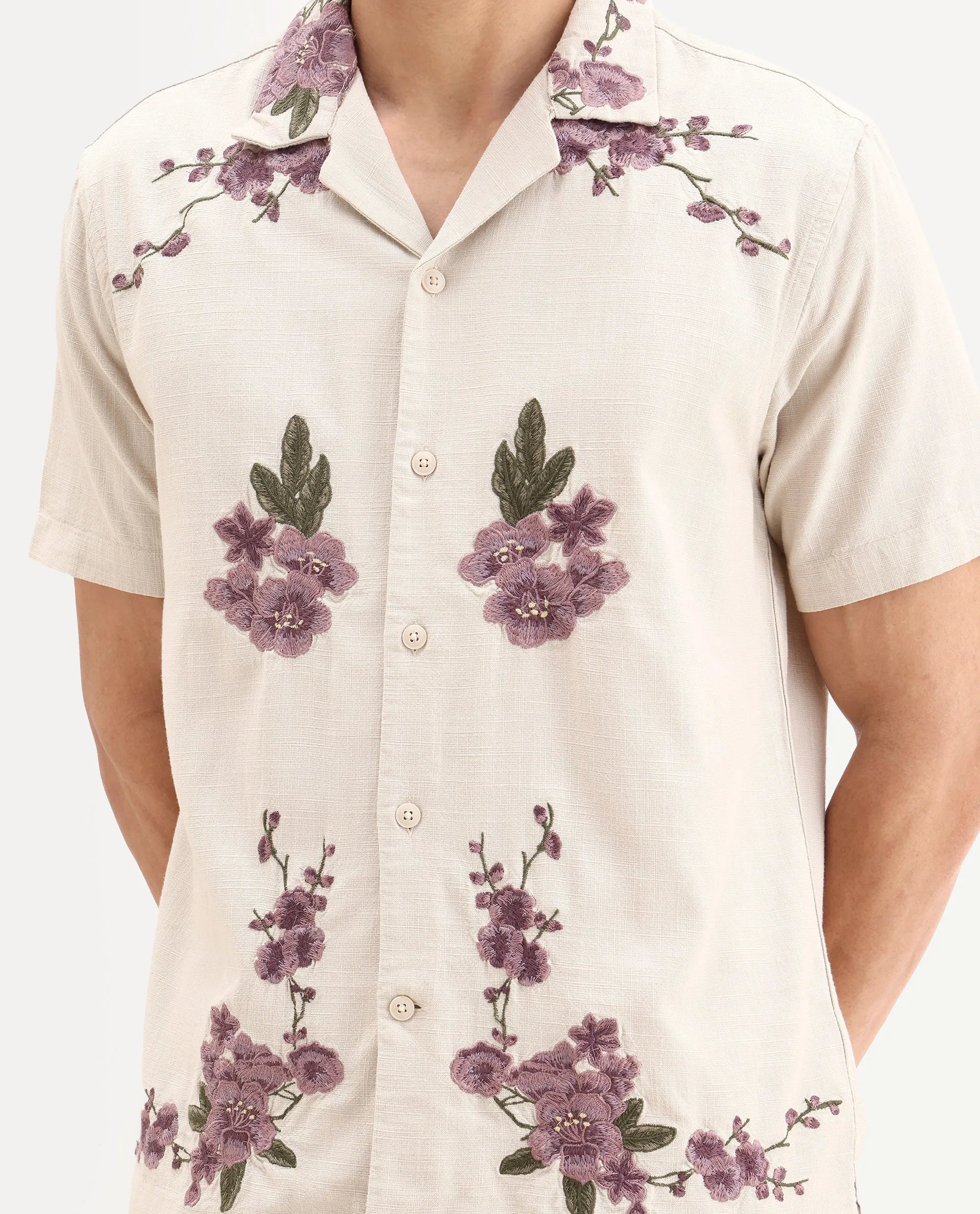 Rare Rabbit Men's Kone Off White Cotton Blend Embroidered Boxy Fit Half Sleeve Cuban Collar Shirt