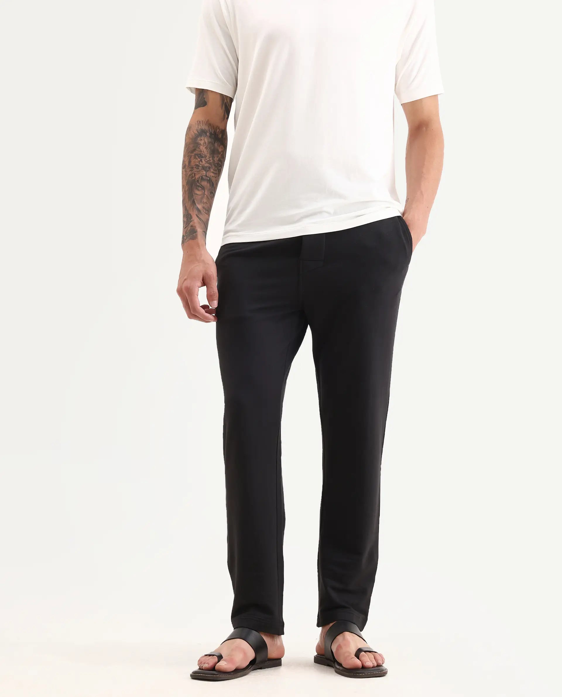 Rare Rabbit Men's Koney Black Cotton Blend Fabric Regular Fit Plain Pajama