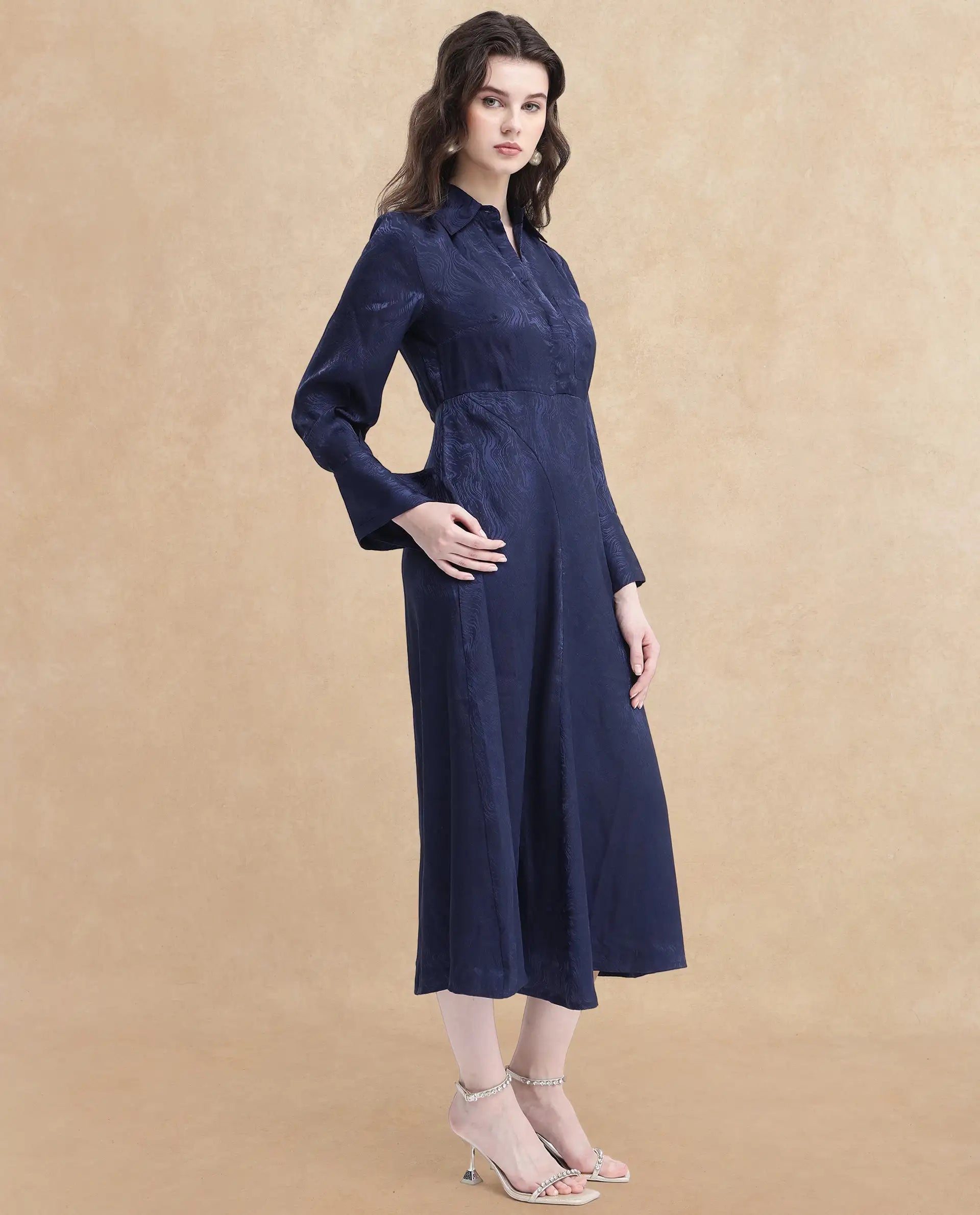 Rareism Women's Kono Navy Polyester Drop Collar Plain Cuffed Sleeve Midi Fit And Flare Dress