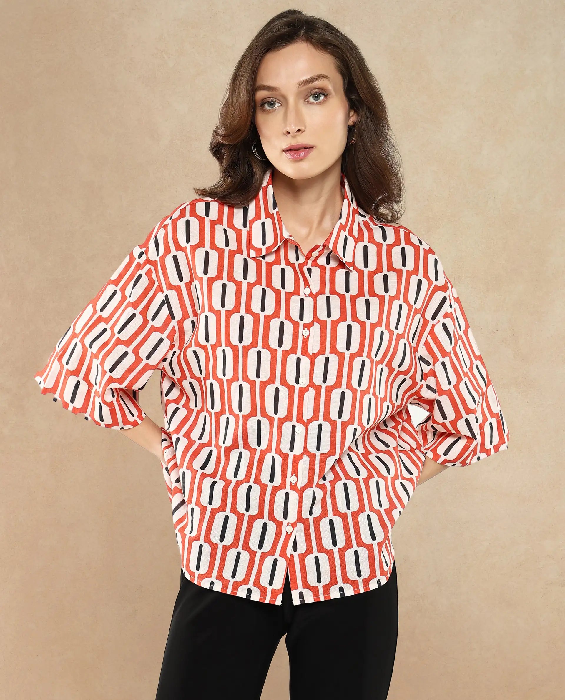 Rareism Women Koor Multi Geometric Print Collared Neck Button Closure Geometric Print Shirt
