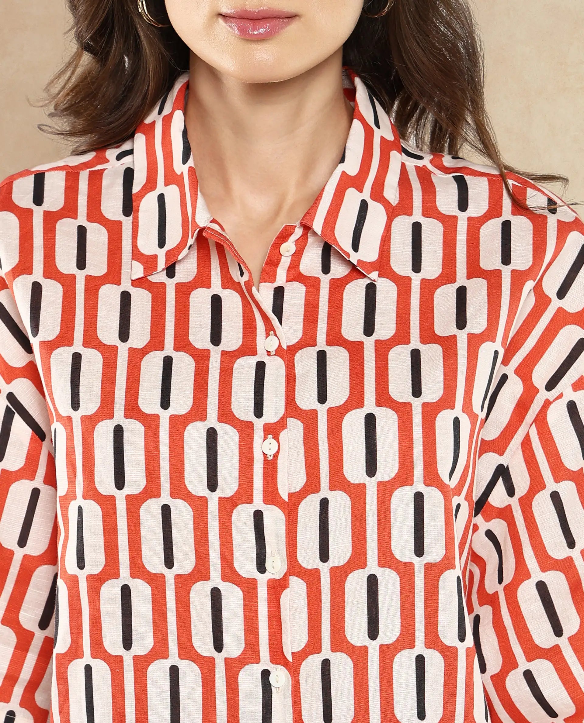 Rareism Women Koor Multi Geometric Print Collared Neck Button Closure Geometric Print Shirt