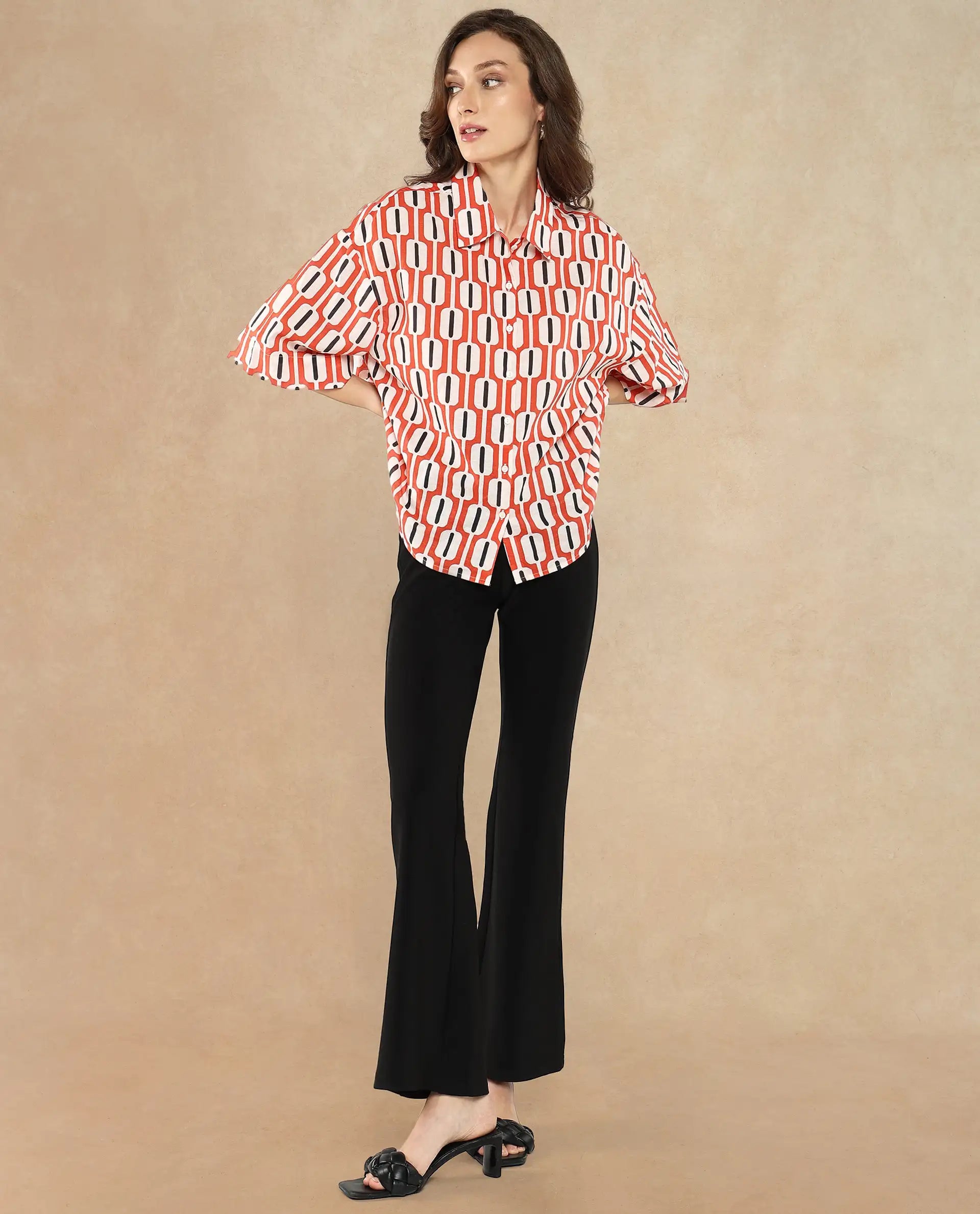 Rareism Women Koor Multi Geometric Print Collared Neck Button Closure Geometric Print Shirt