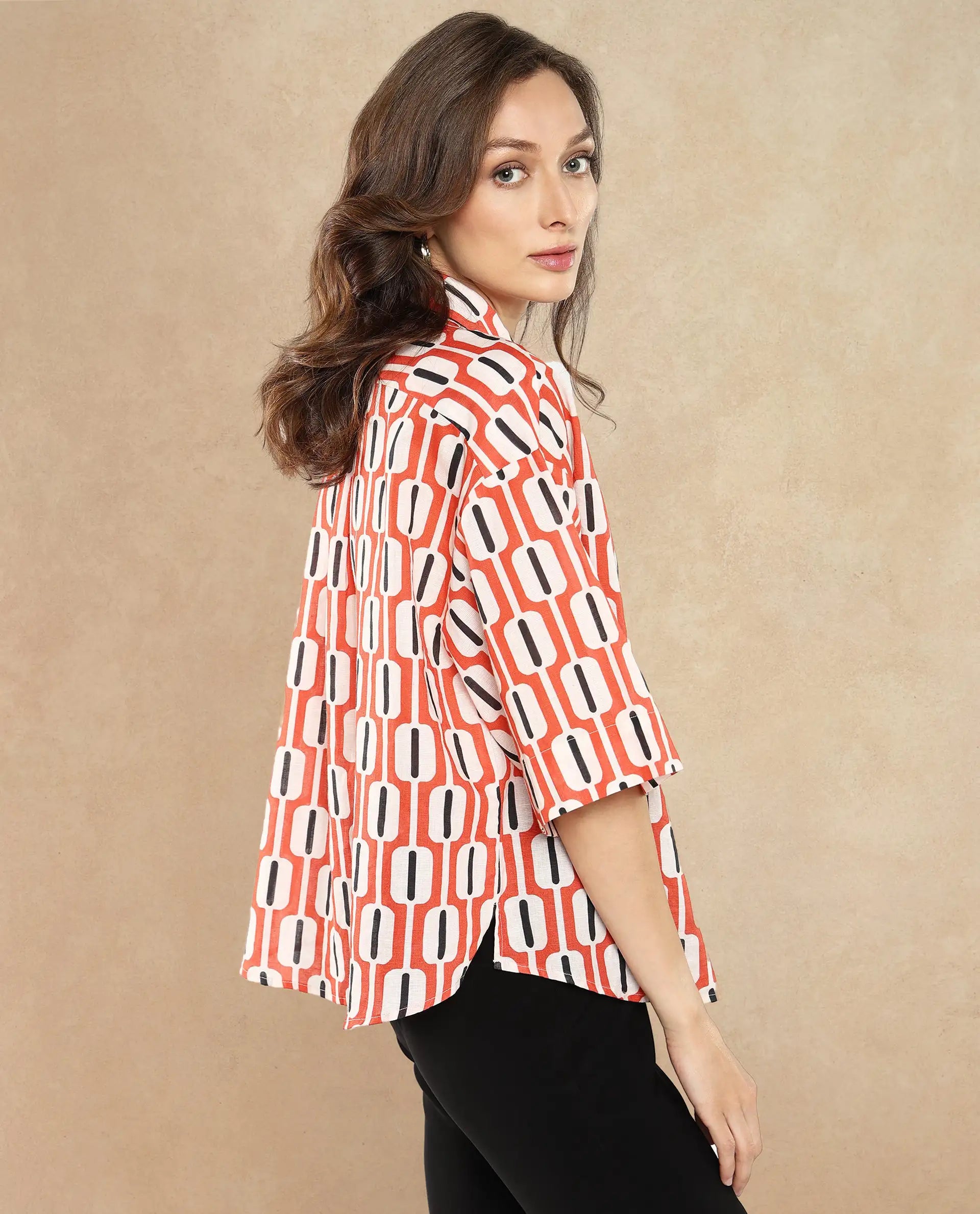 Rareism Women Koor Multi Geometric Print Collared Neck Button Closure Geometric Print Shirt