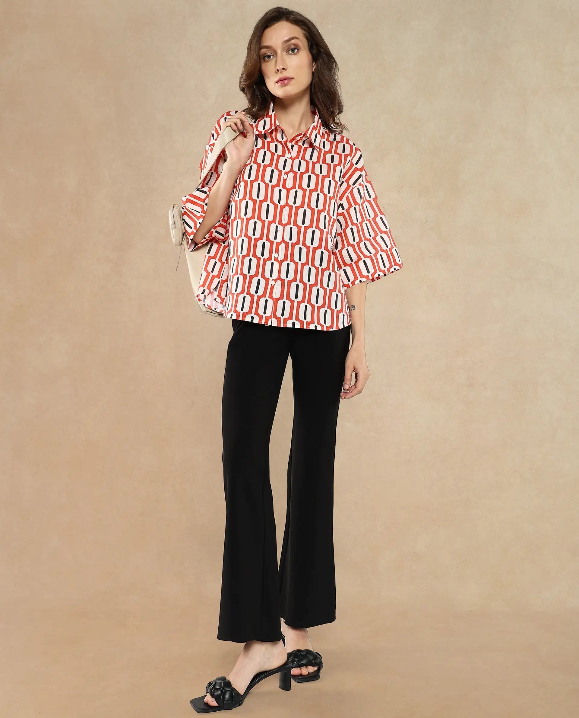 Rareism Women Koor Multi Geometric Print Collared Neck Button Closure Geometric Print Shirt