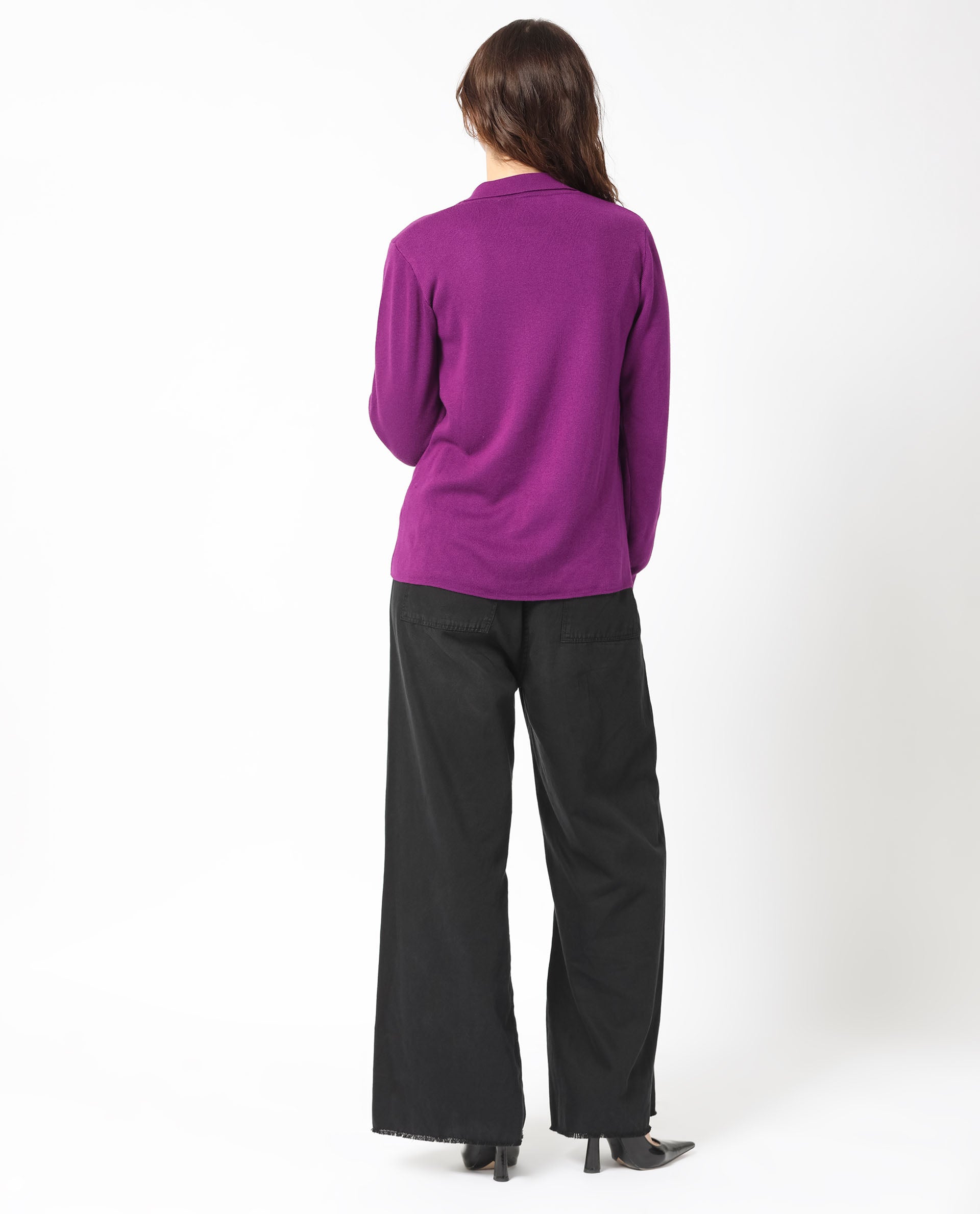 Rareism Women Korn Purple Viscose Fabric Full Sleeves Button Closure Shirt Collar Regular Fit Plain Sweater